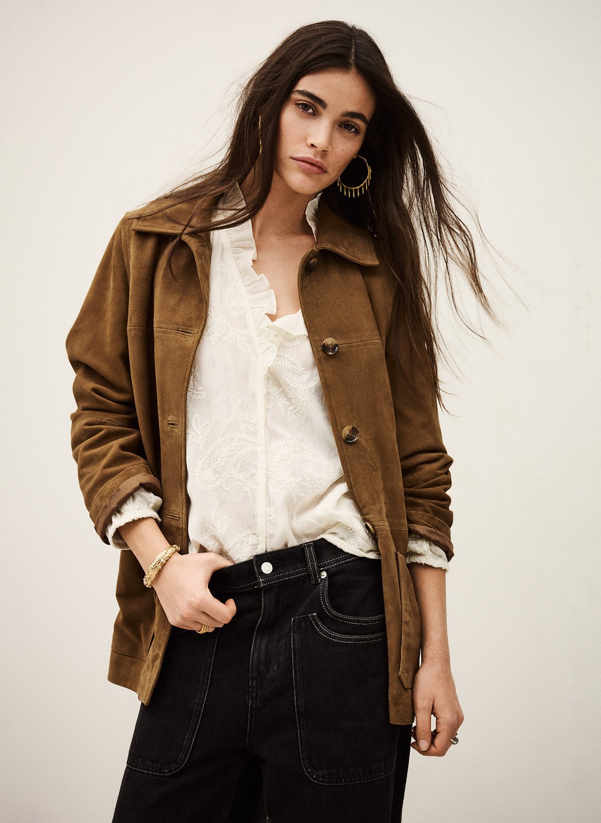 Veste droite col classique en cuir velours mario BA&SH Marron