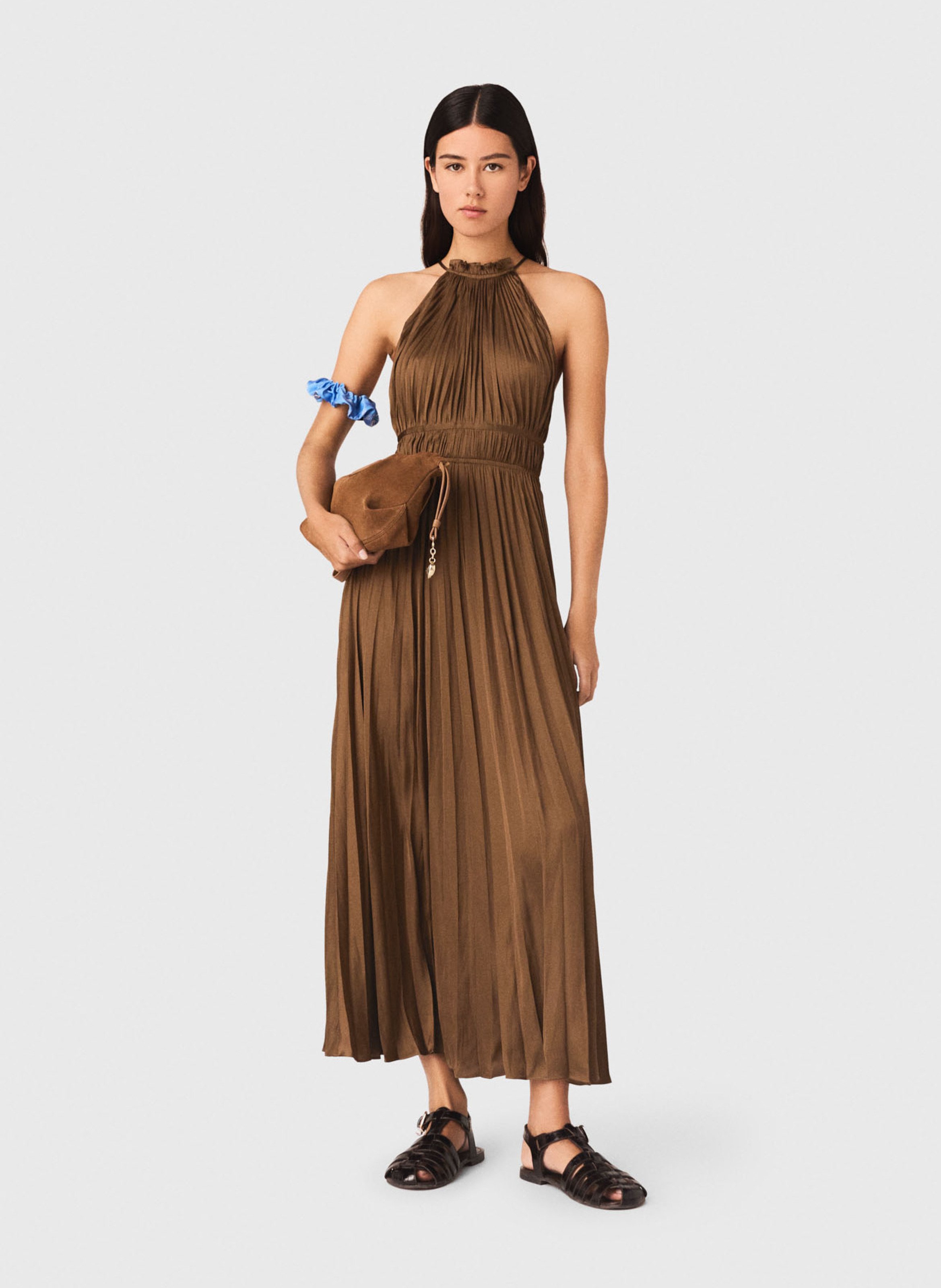 Robe longue évasée plissée MAJE Marron