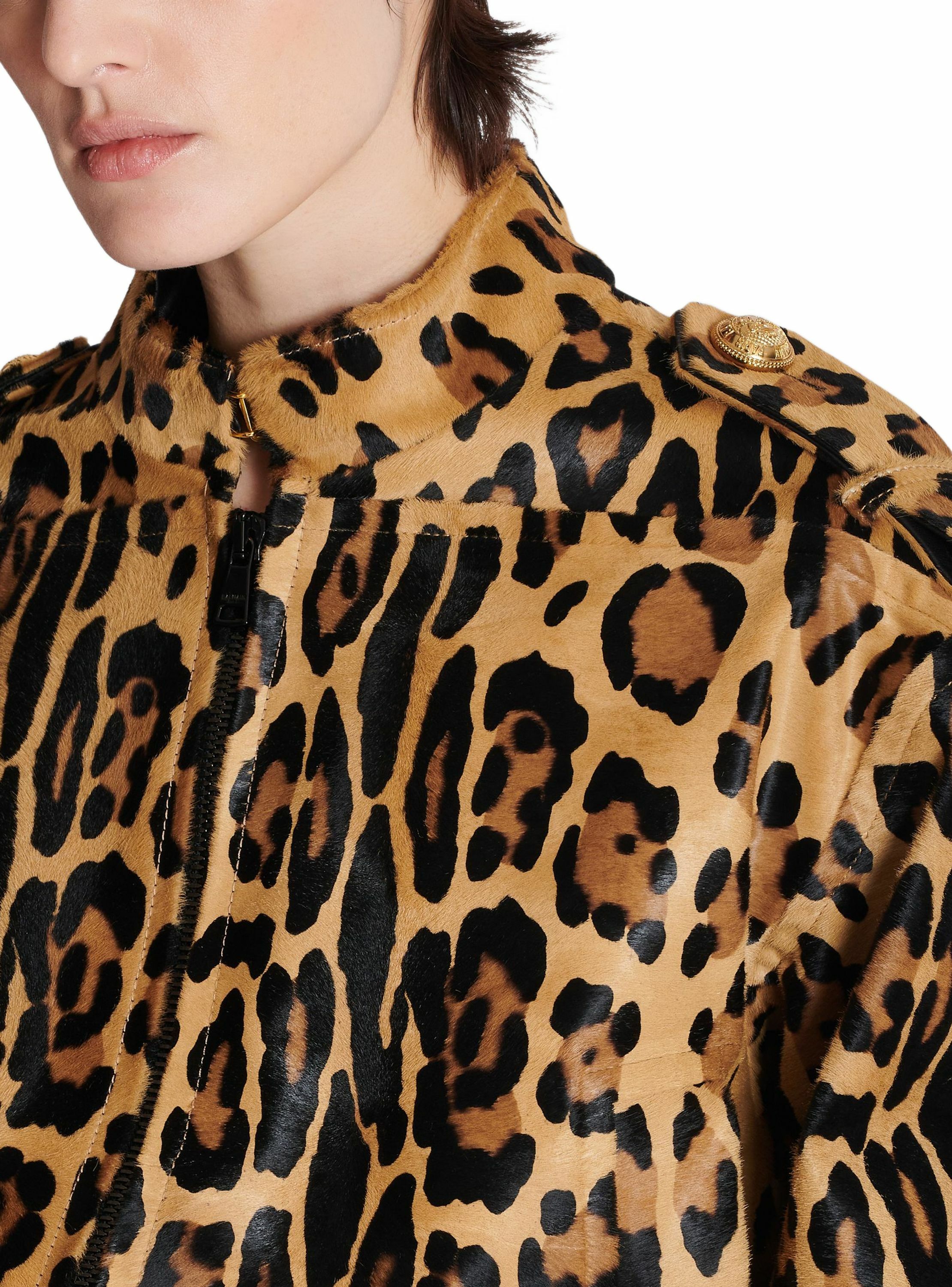 Bomber en cuir façon pony imprimé motif léopard BALMAIN Marron