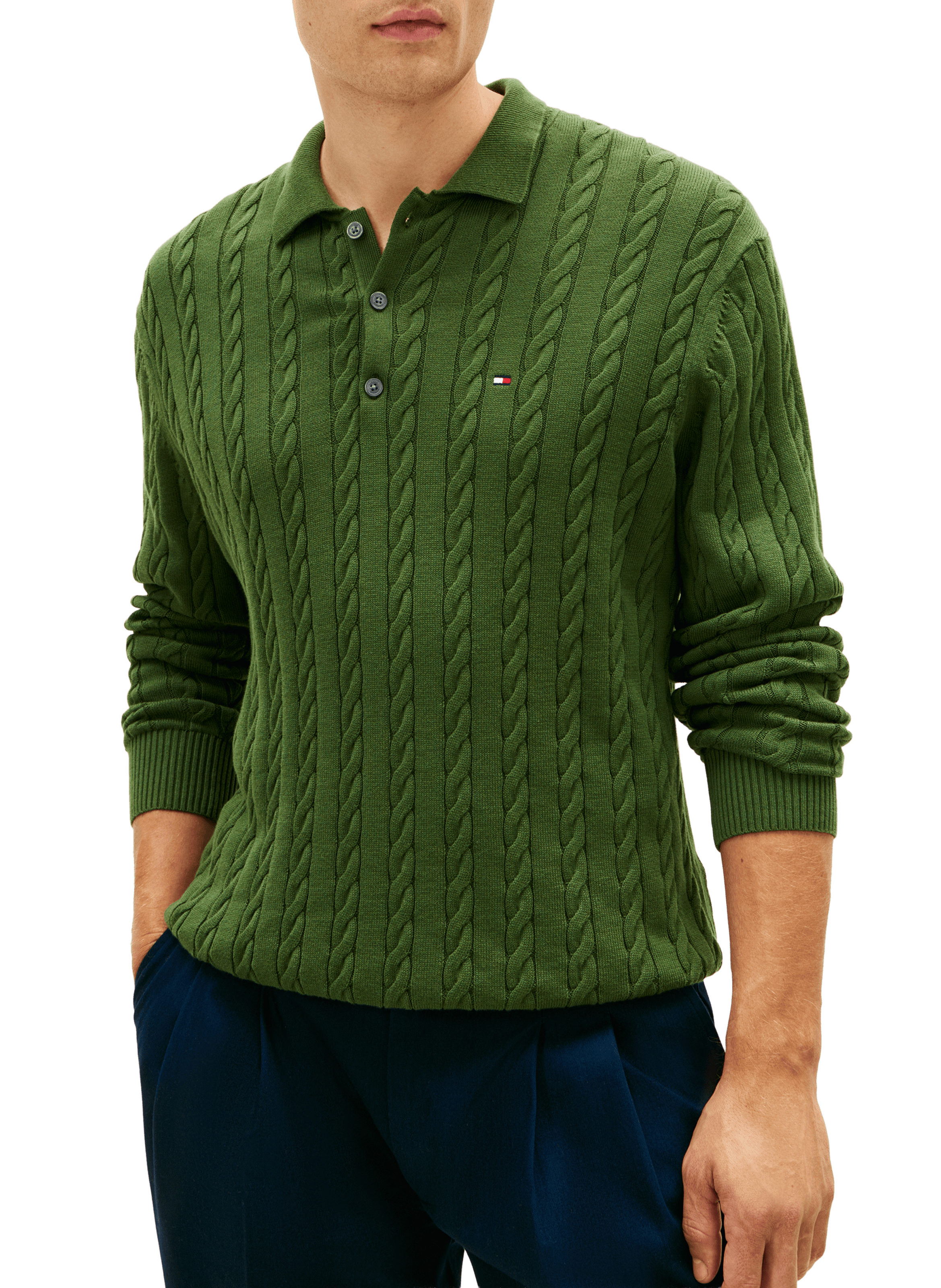 Pull en maille torsadée col v boutonnée TOMMY HILFIGER Vert