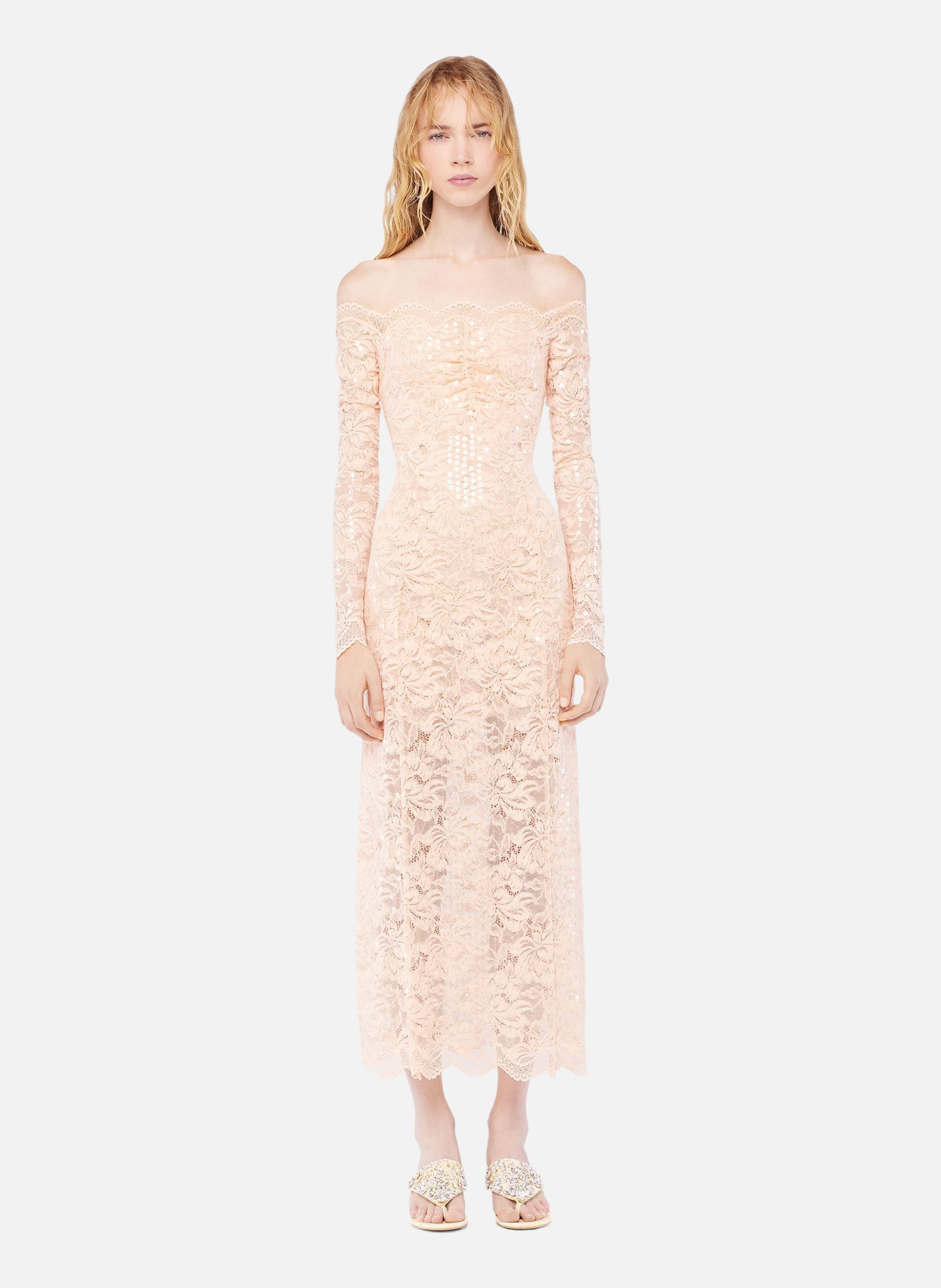 Robe midi en dentelle brodée RABANNE Rose