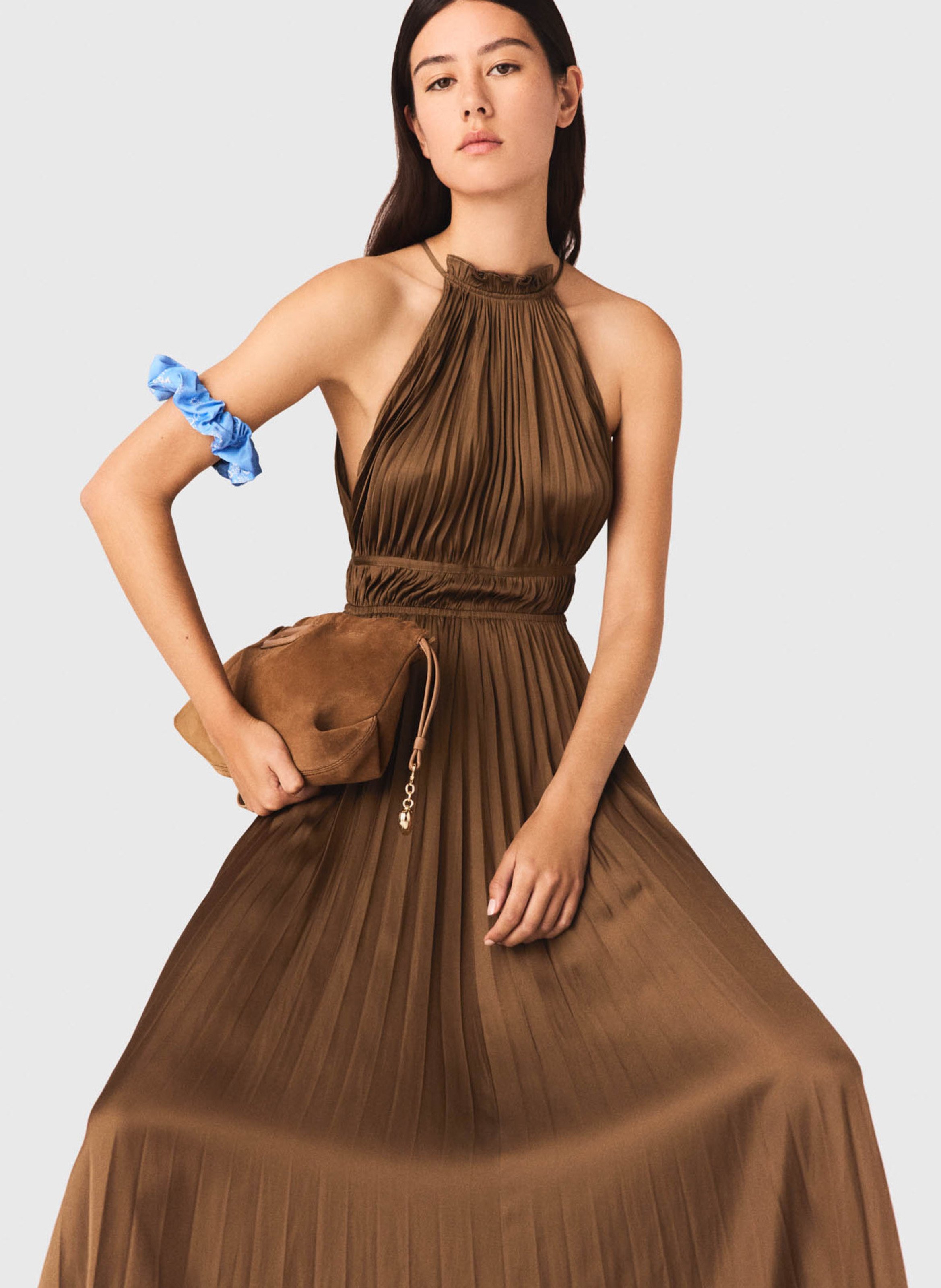 Robe longue évasée plissée MAJE Marron