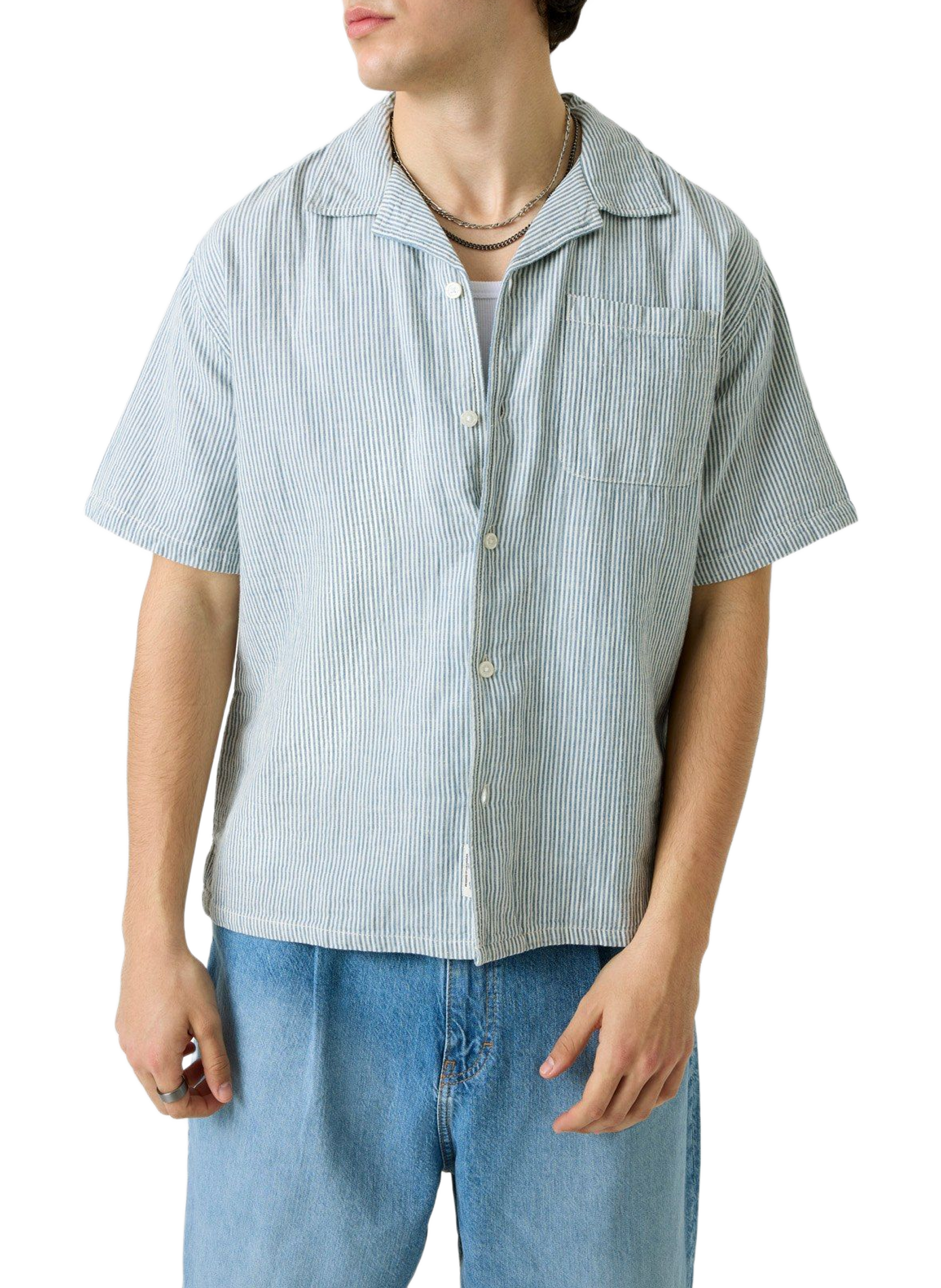 Short-sleeve striped shirt in cotton and linen GUESS Beige