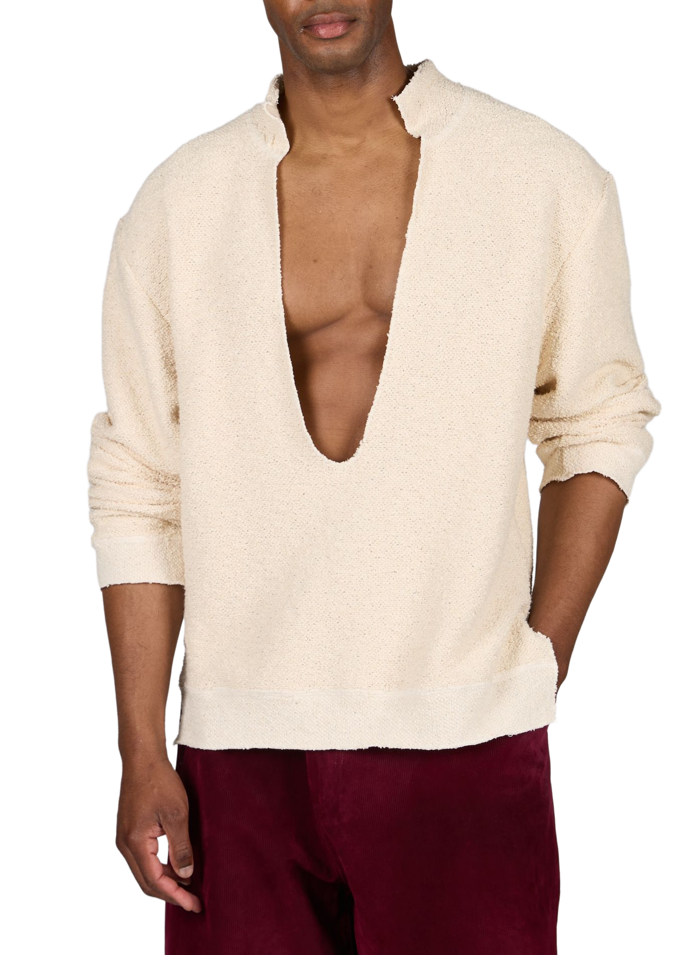 Cotton blend plunging V-neck terry cloth sweater 424 Beige