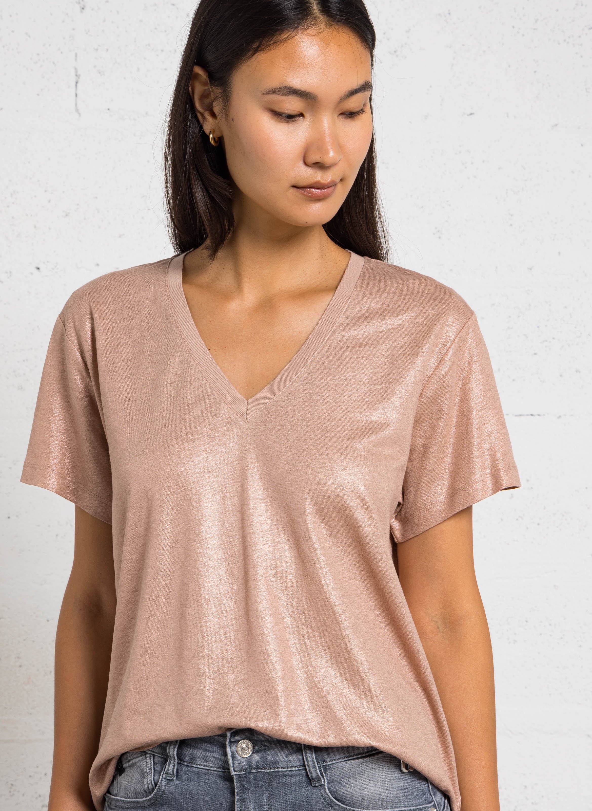 Tee-shirt ample col v métallisé IKKS Doré