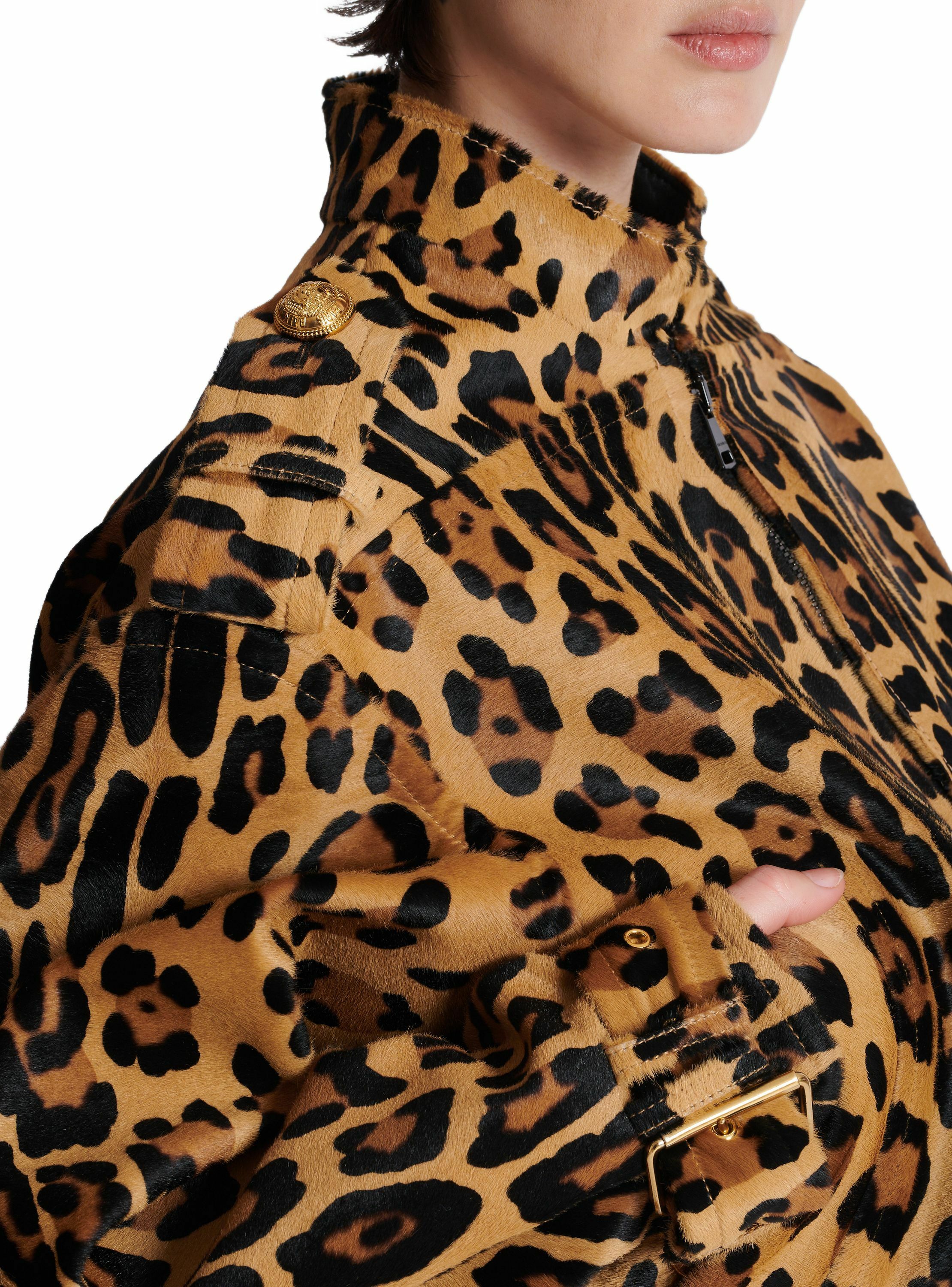 Bomber en cuir façon pony imprimé motif léopard BALMAIN Marron