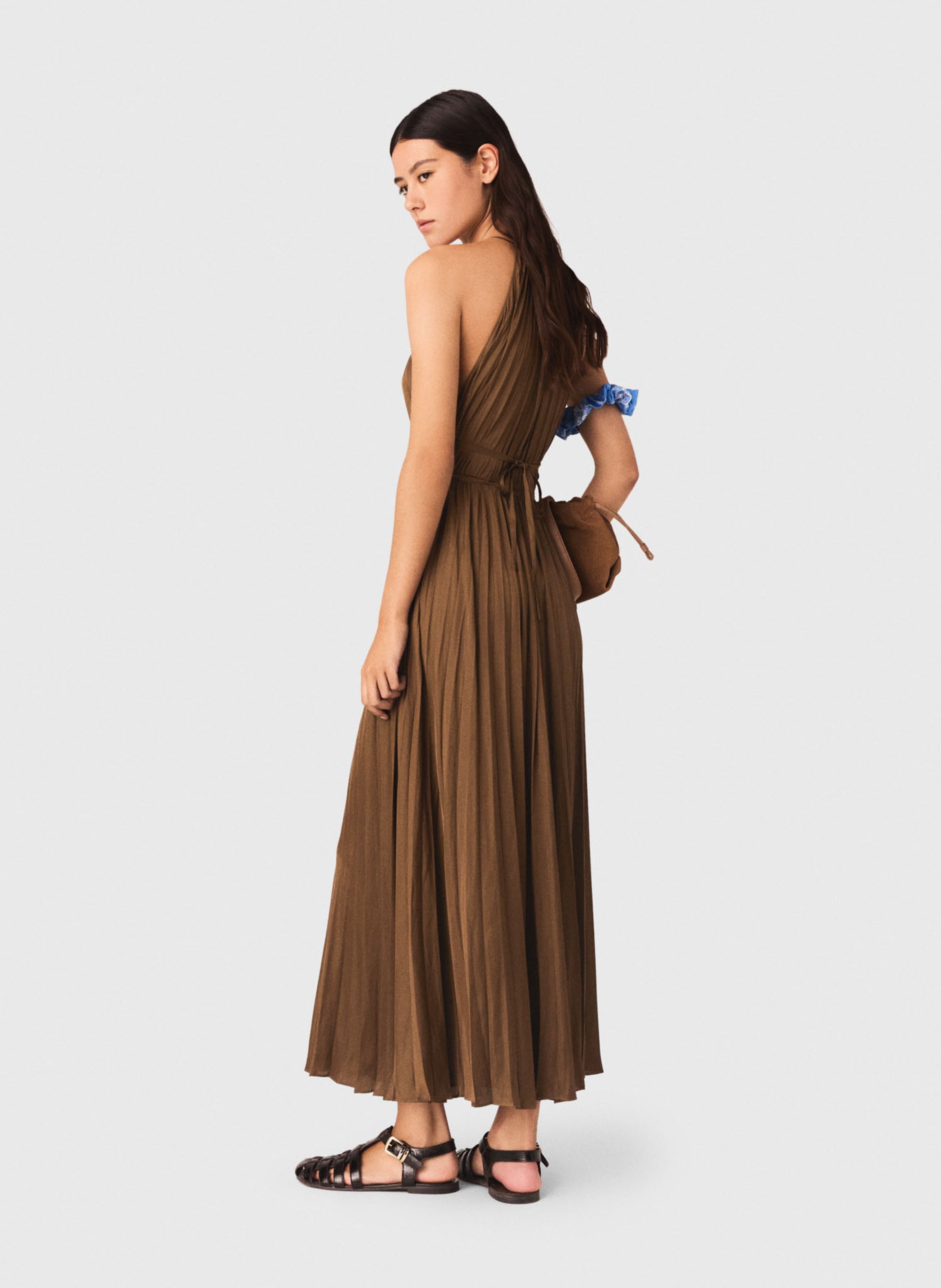Robe longue évasée plissée MAJE Marron