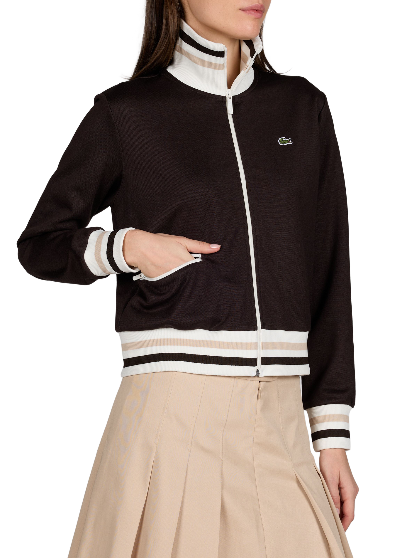 Sweatshirt zippé à détails rayés en coton LACOSTE Marron