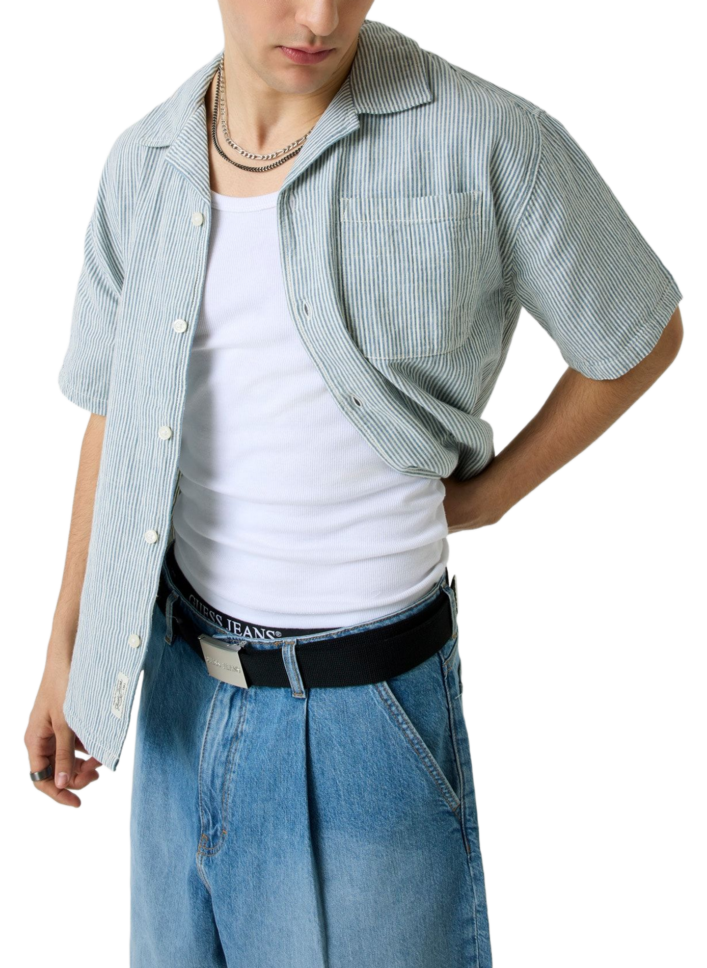 Short-sleeve striped shirt in cotton and linen GUESS Beige