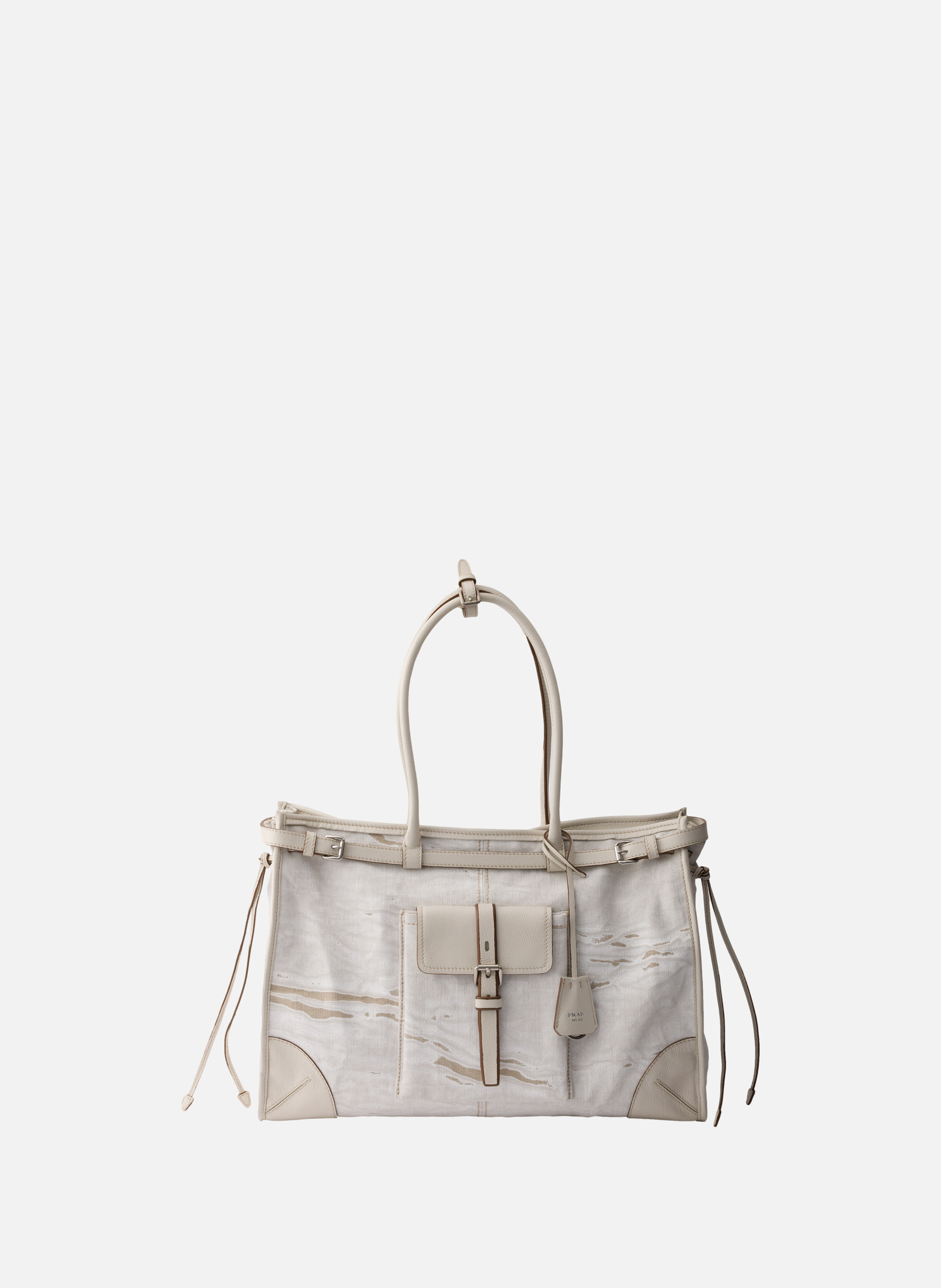 Très grand cabas prada bonnie en lin imprimé et cu PRADA Blanc
