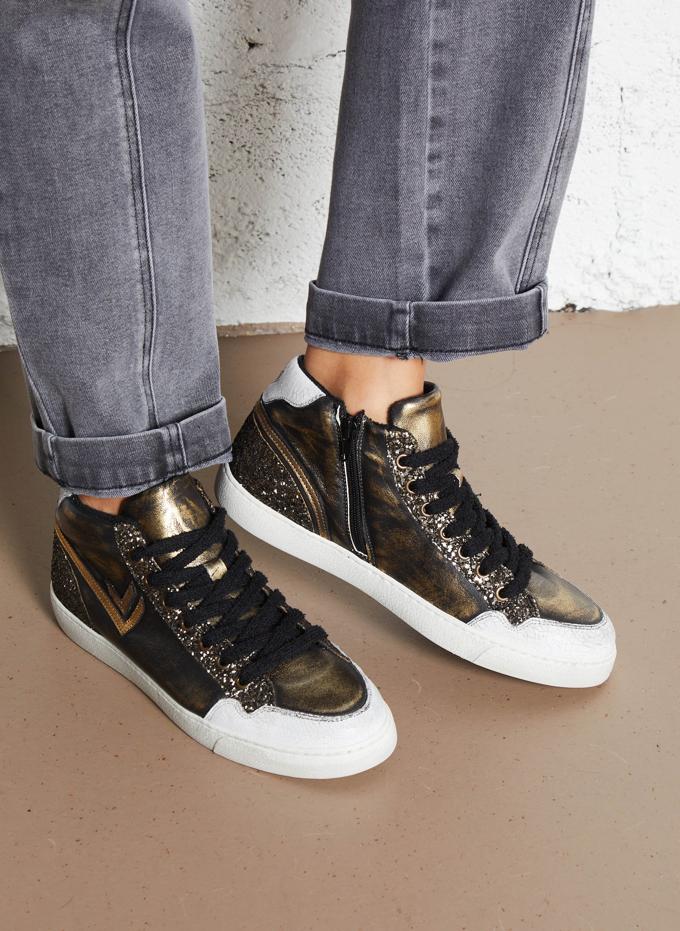 Baskets métallisées avec sequins en cuir IKKS Kaki