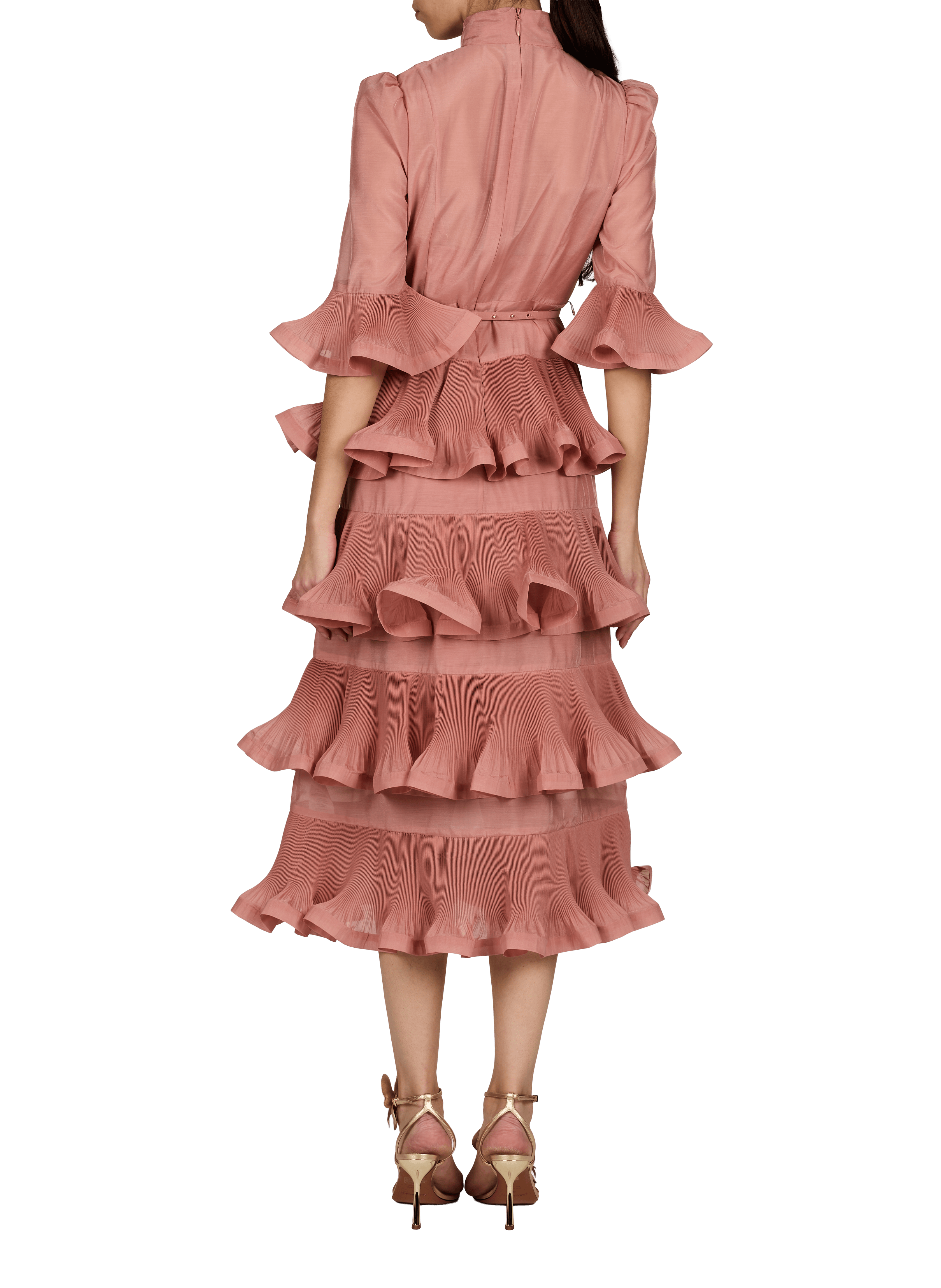 Robe midi plissée à col montant ZIMMERMANN Rose