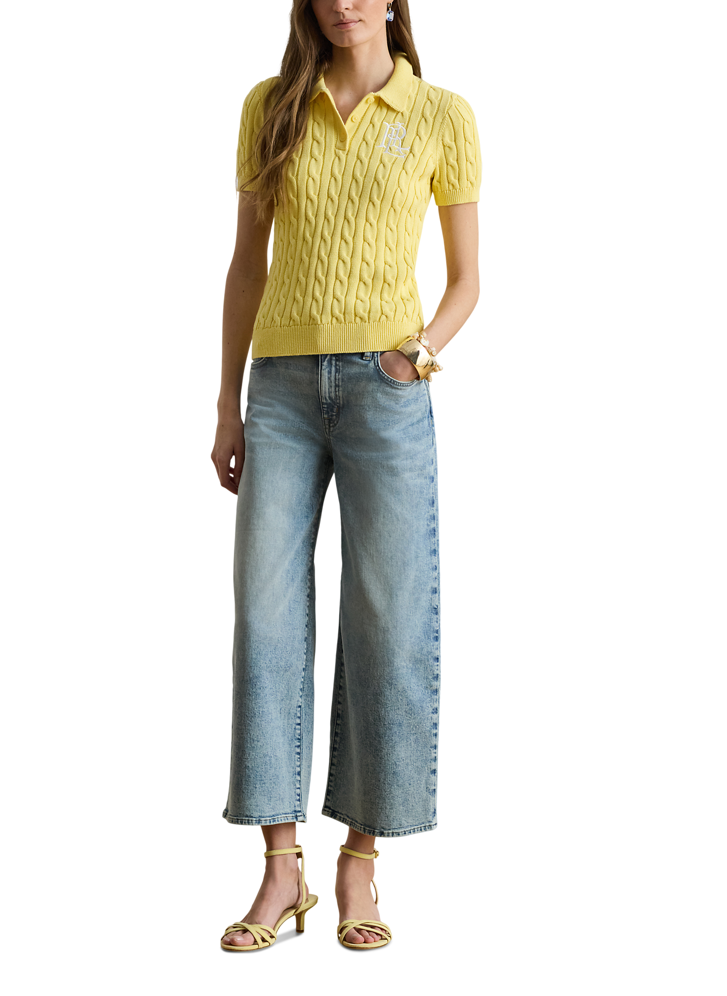 Trui met gevlochten polo kraag van katoen Geel