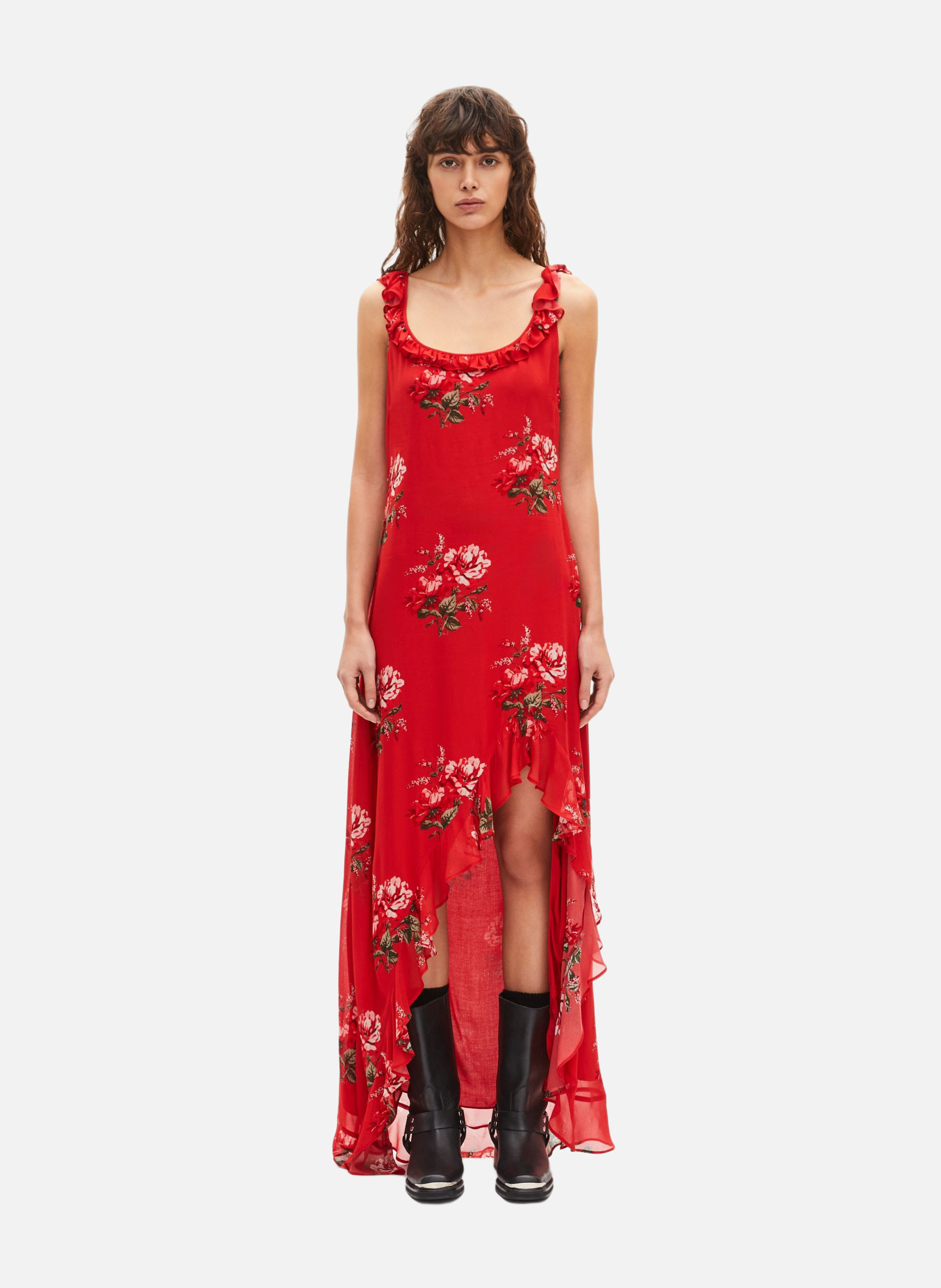 Robe longue avec volants imprimée fleurs THE KOOPLES Rouge