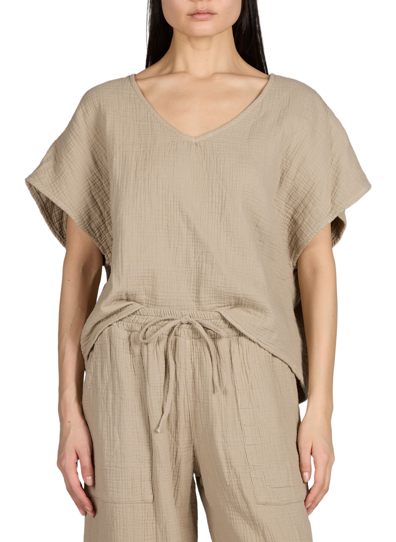 T-shirt New York col V en coton matelassé AOKYANOS Beige