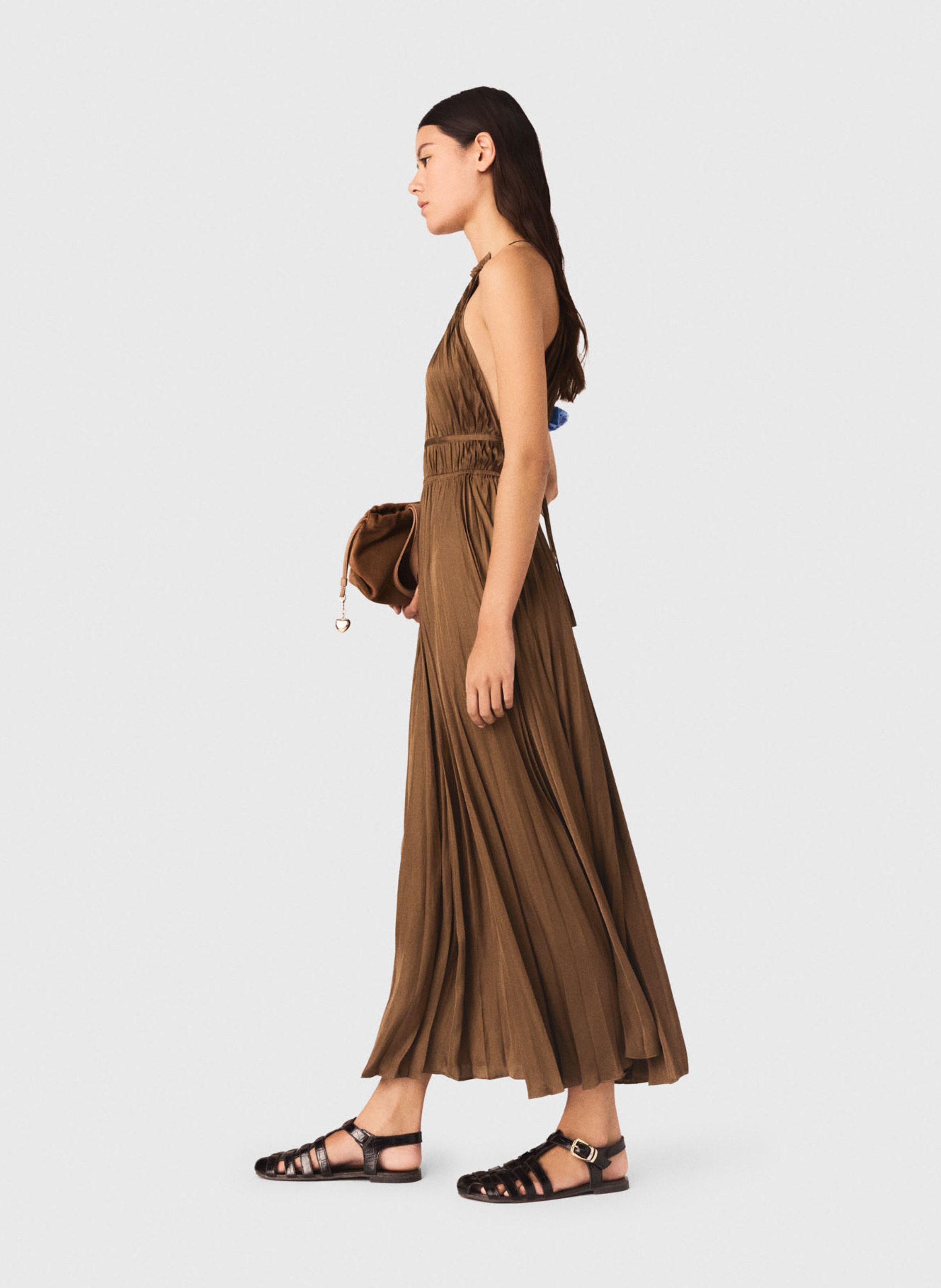 Robe longue évasée plissée MAJE Marron