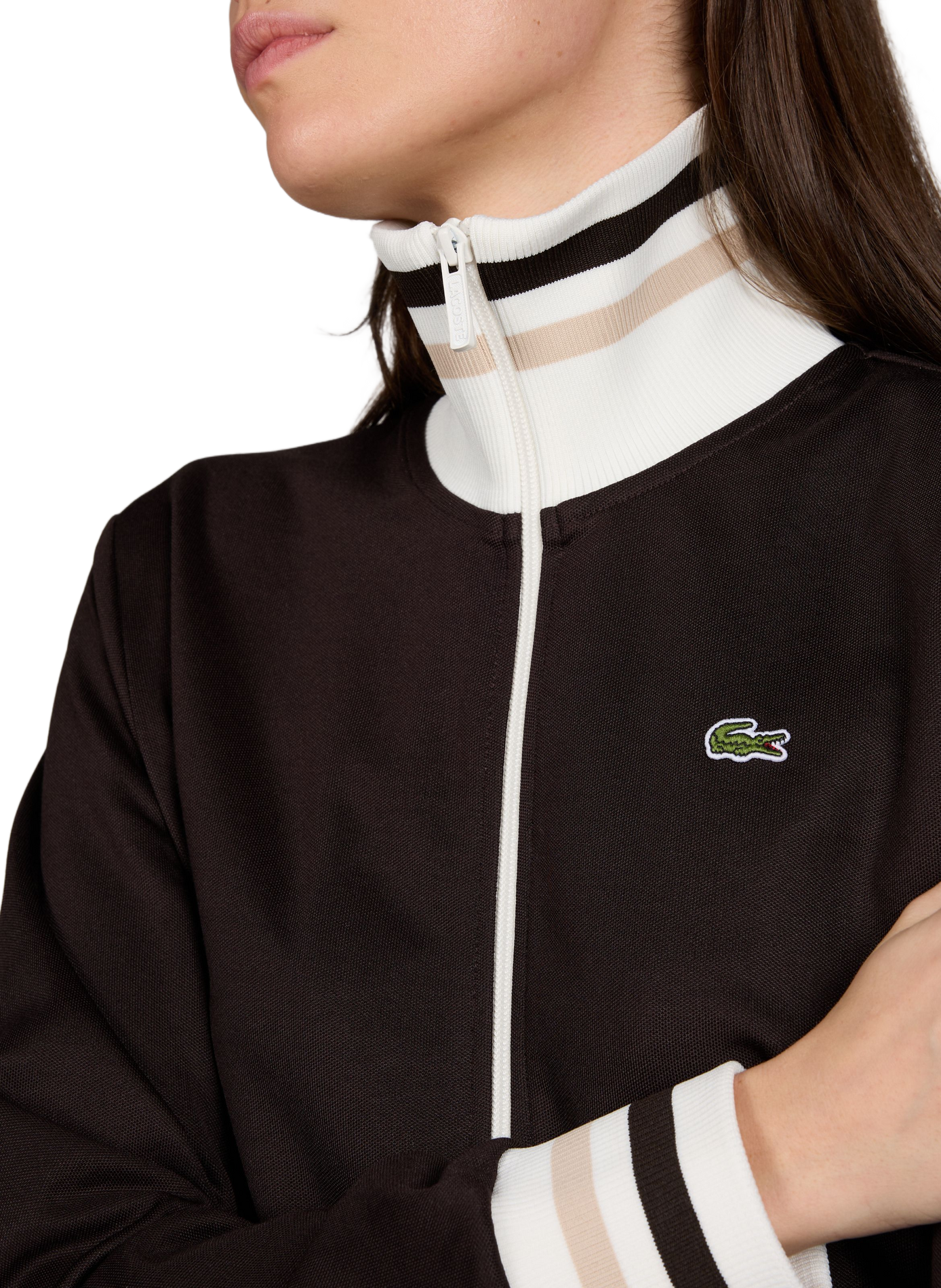 Sweatshirt zippé à détails rayés en coton LACOSTE Marron