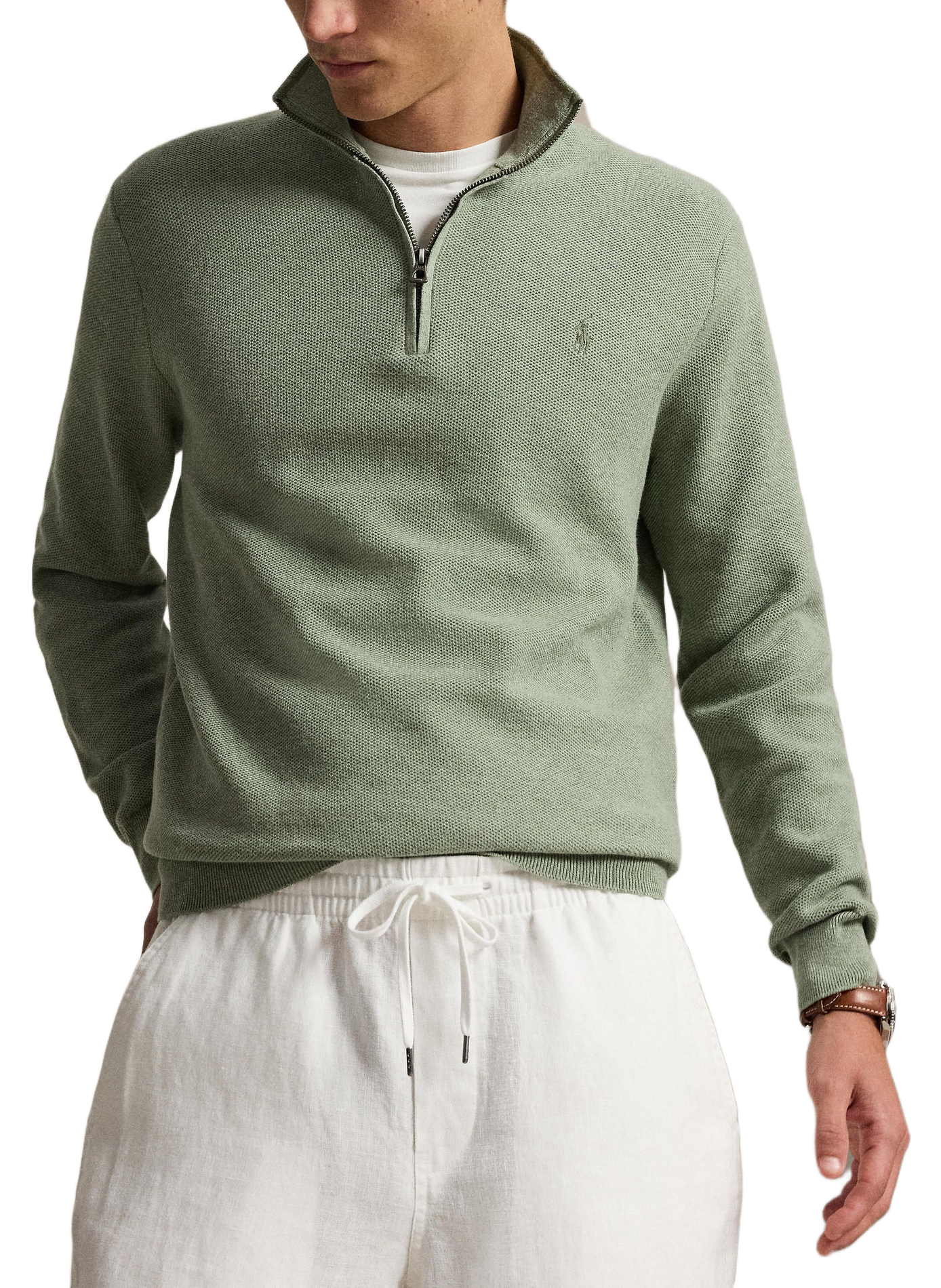 Cotton textured knit zip-up sweater. POLO RALPH LAUREN Green