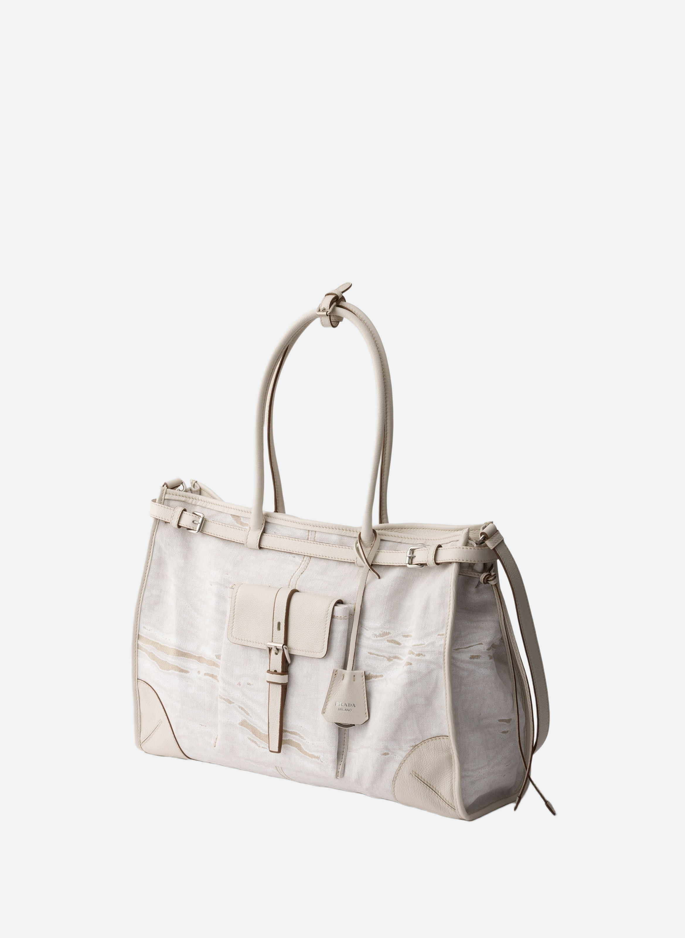 Très grand cabas prada bonnie en lin imprimé et cu PRADA Blanc