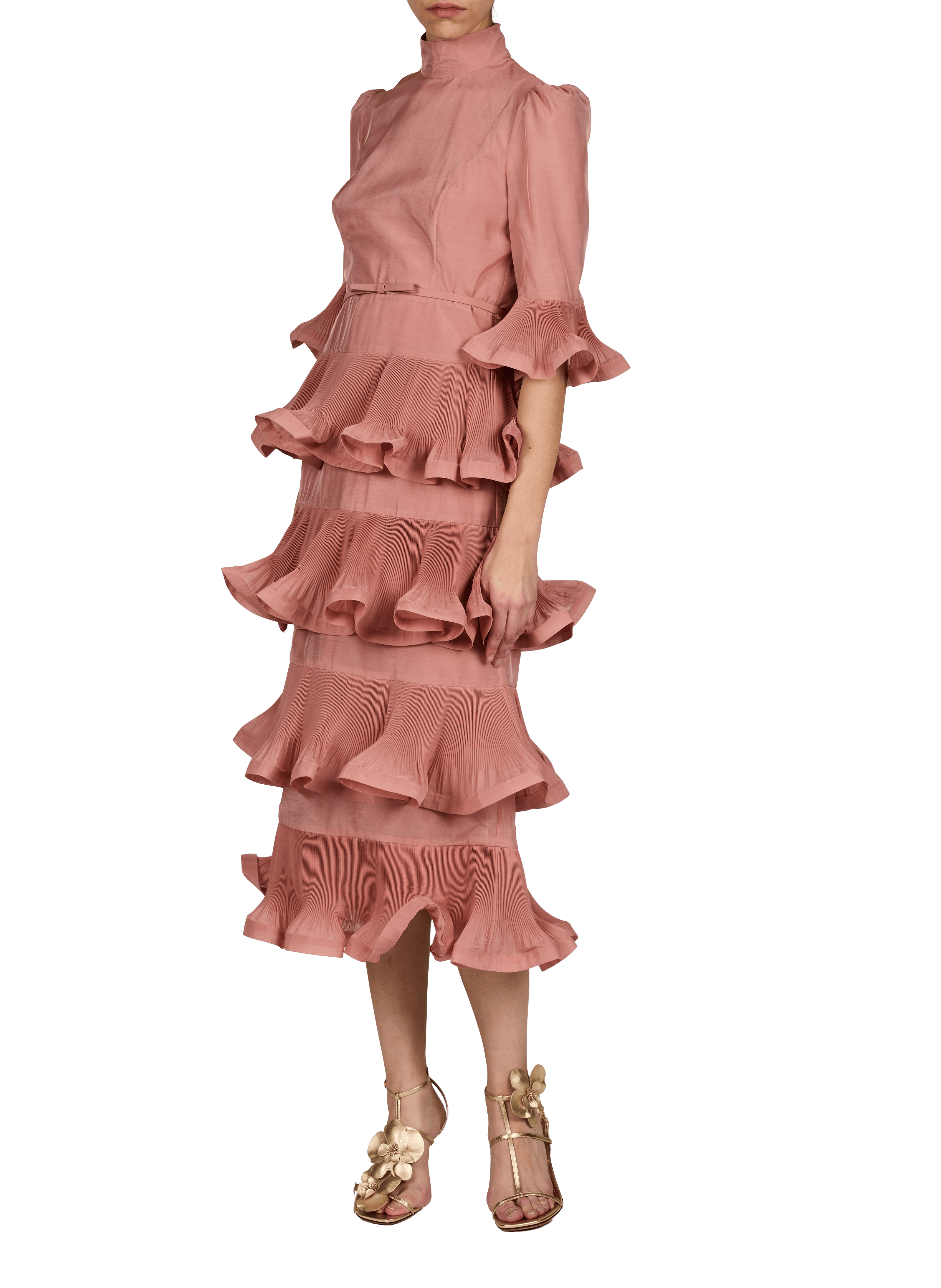 Robe midi plissée à col montant ZIMMERMANN Rose