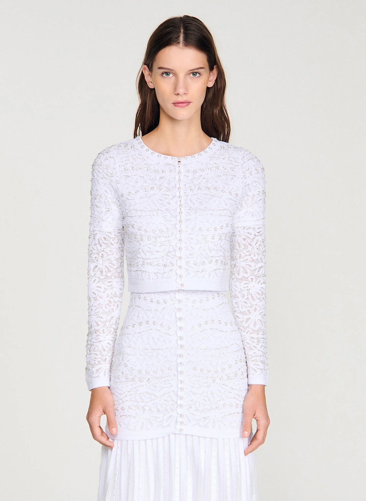 Gilet col rond en dentelle SANDRO Blanc