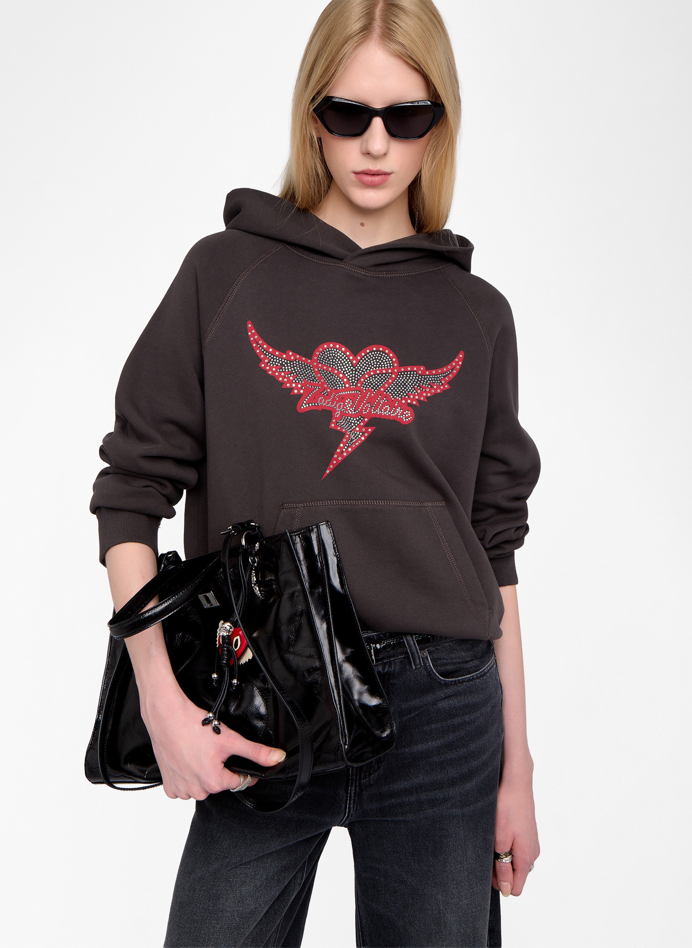 Sweat à capuche droit strass en coton mélangé georgy ZADIG&VOLTAIRE Noir