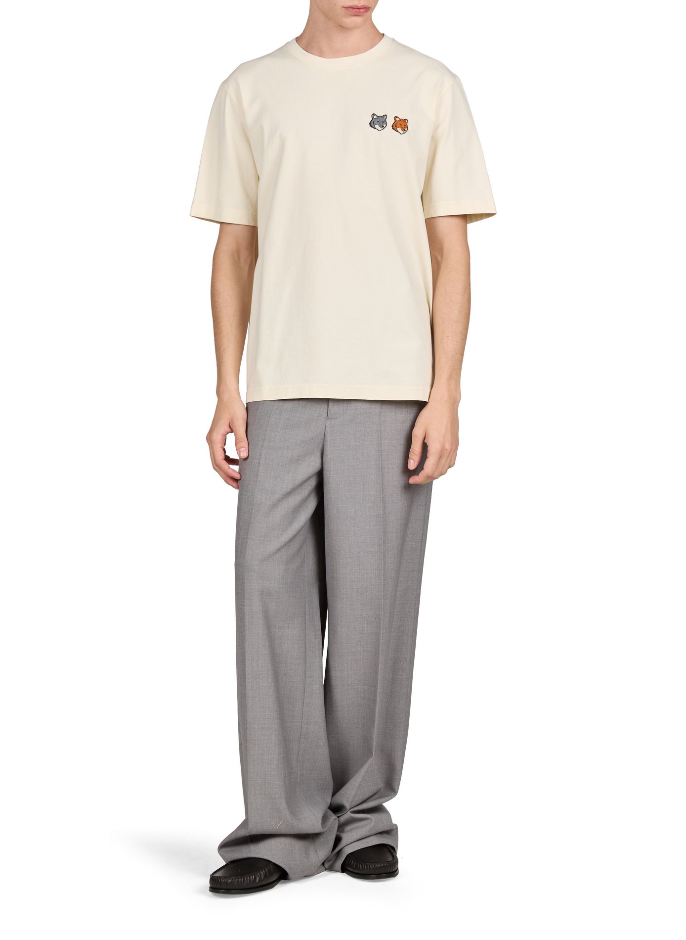 Straight crew-neck T-shirt with embroidery MAISON KITSUNÉ Beige