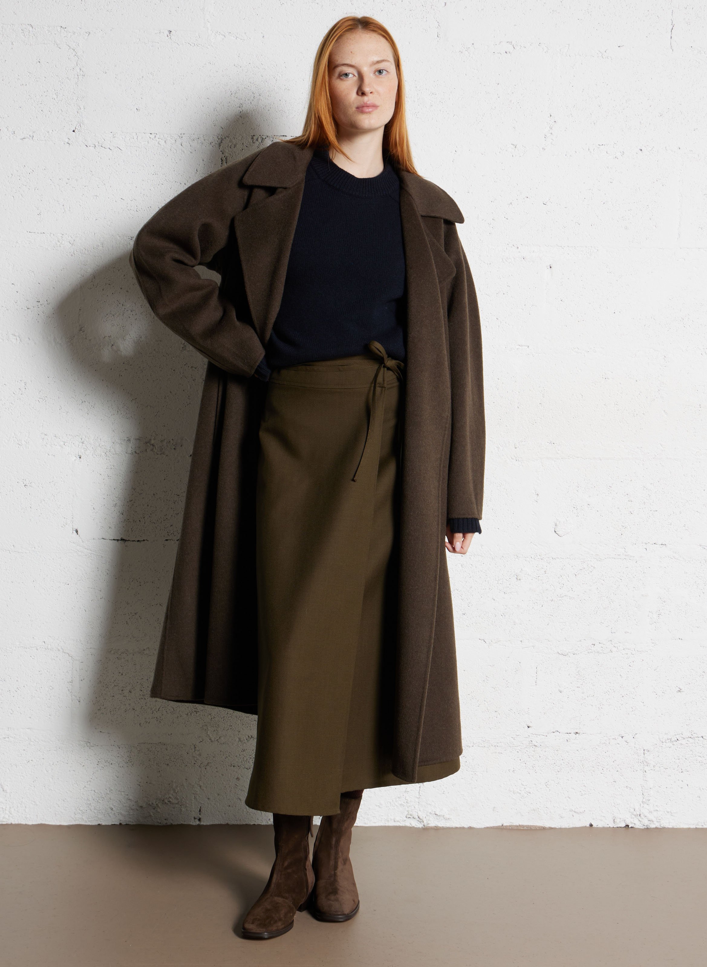 Manteau long col tailleur en laine mélangée harvard SOEUR Kaki