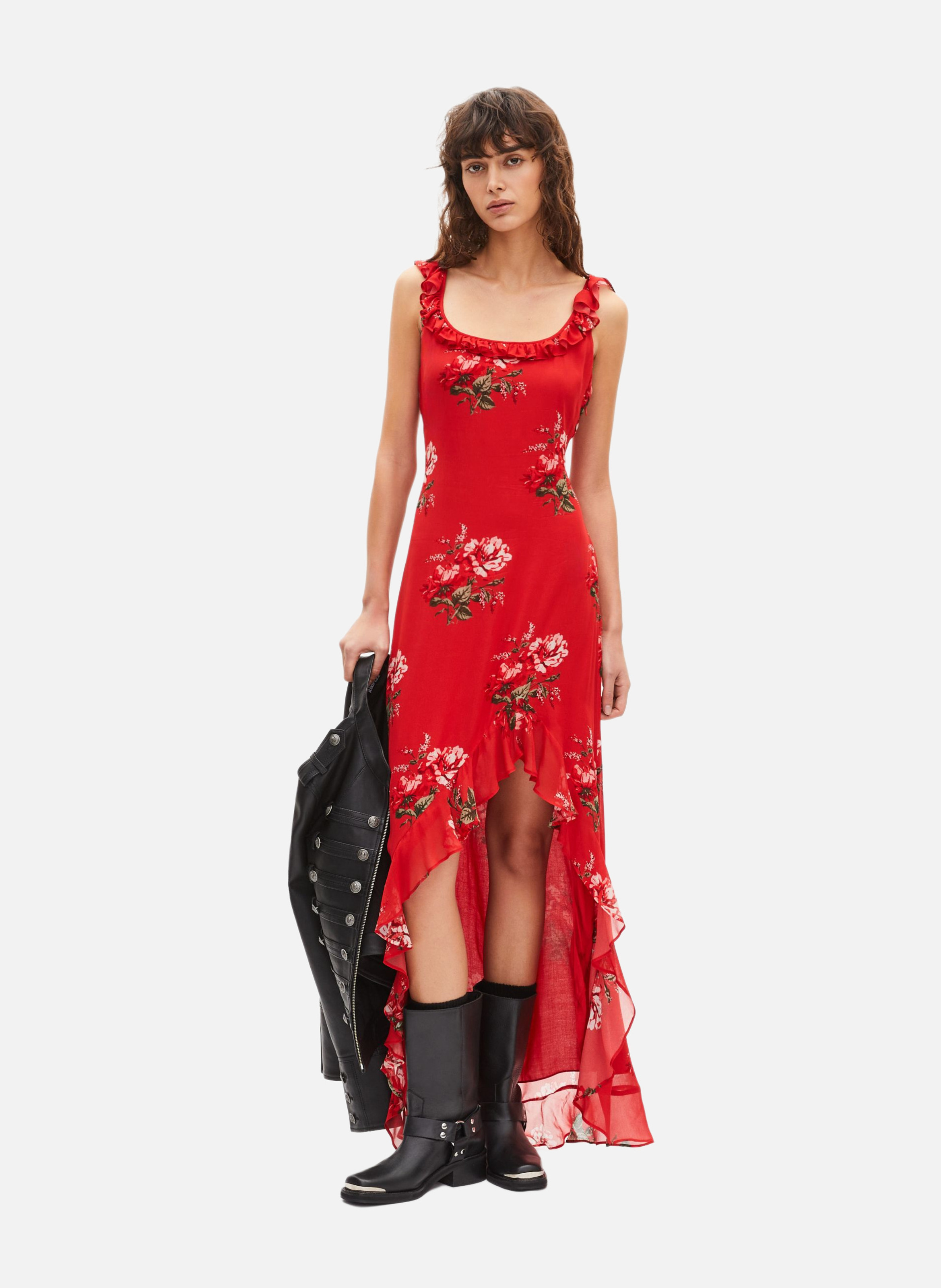 Robe longue avec volants imprimée fleurs THE KOOPLES Rouge