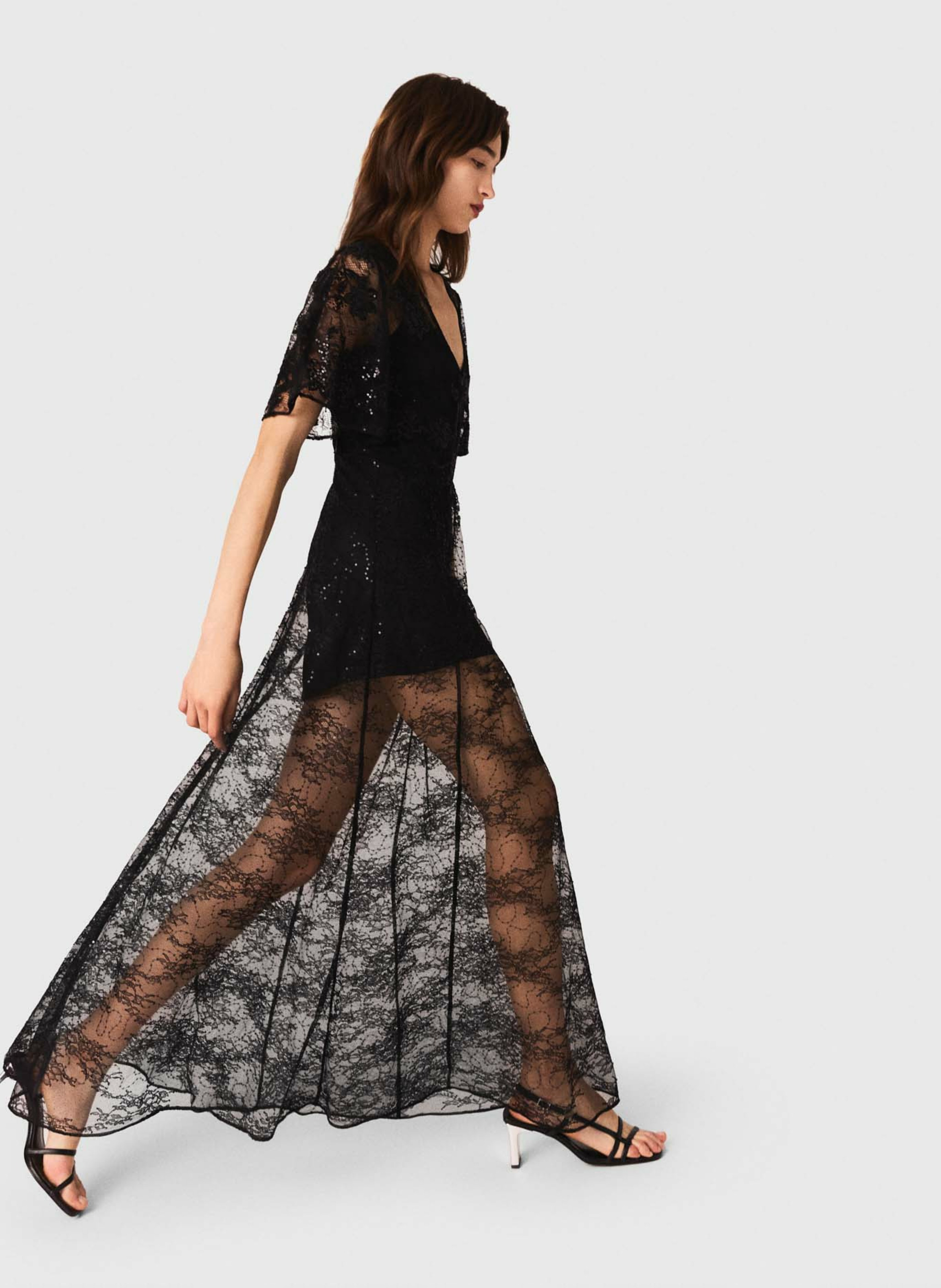 Robe longue col v en dentelle MAJE Noir