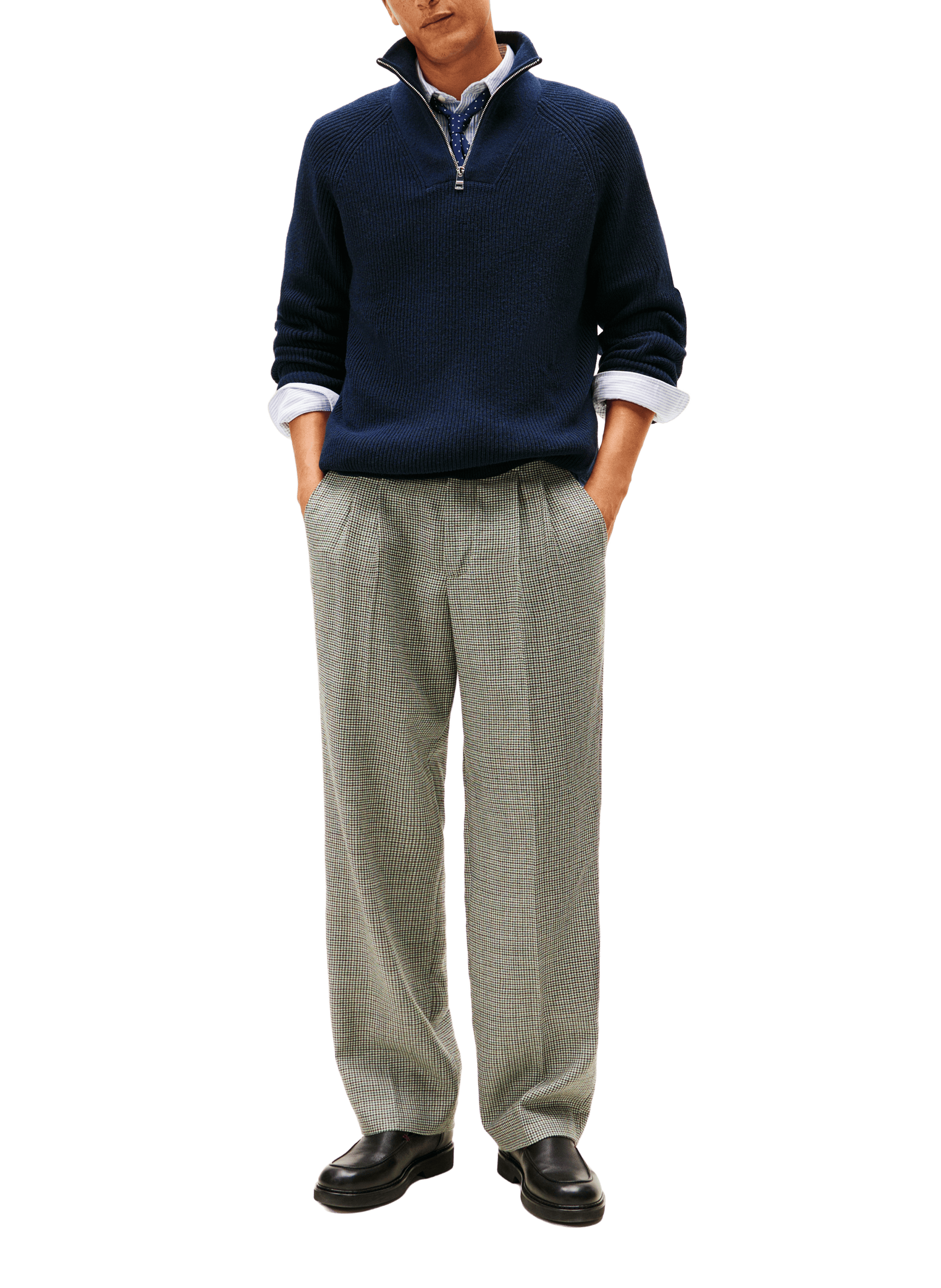 Pull col montant zippé en coton et laine mélangés TOMMY HILFIGER Bleu