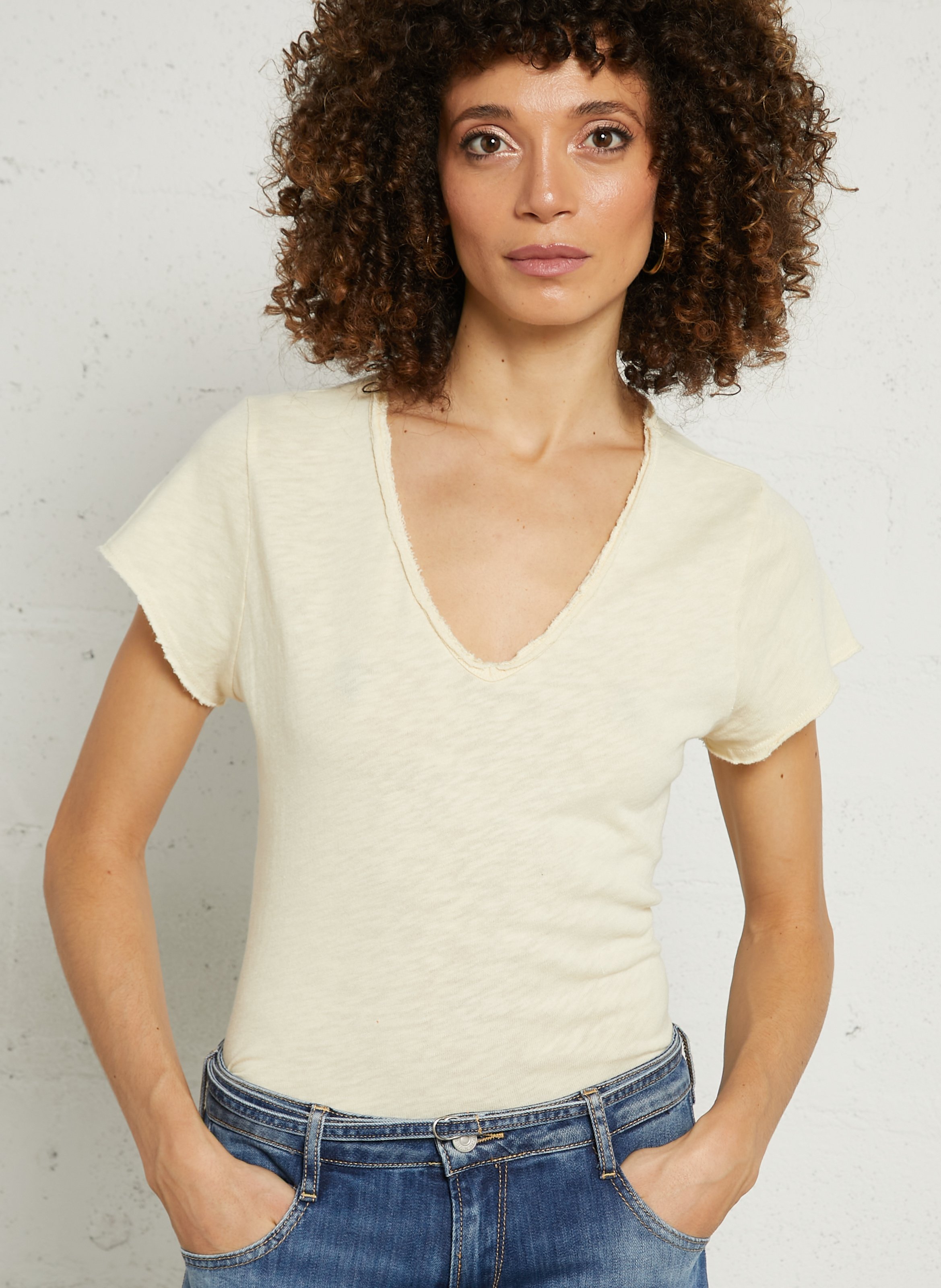 Tee-shirt droit col v en coton sonoma AMERICAN VINTAGE Jaune