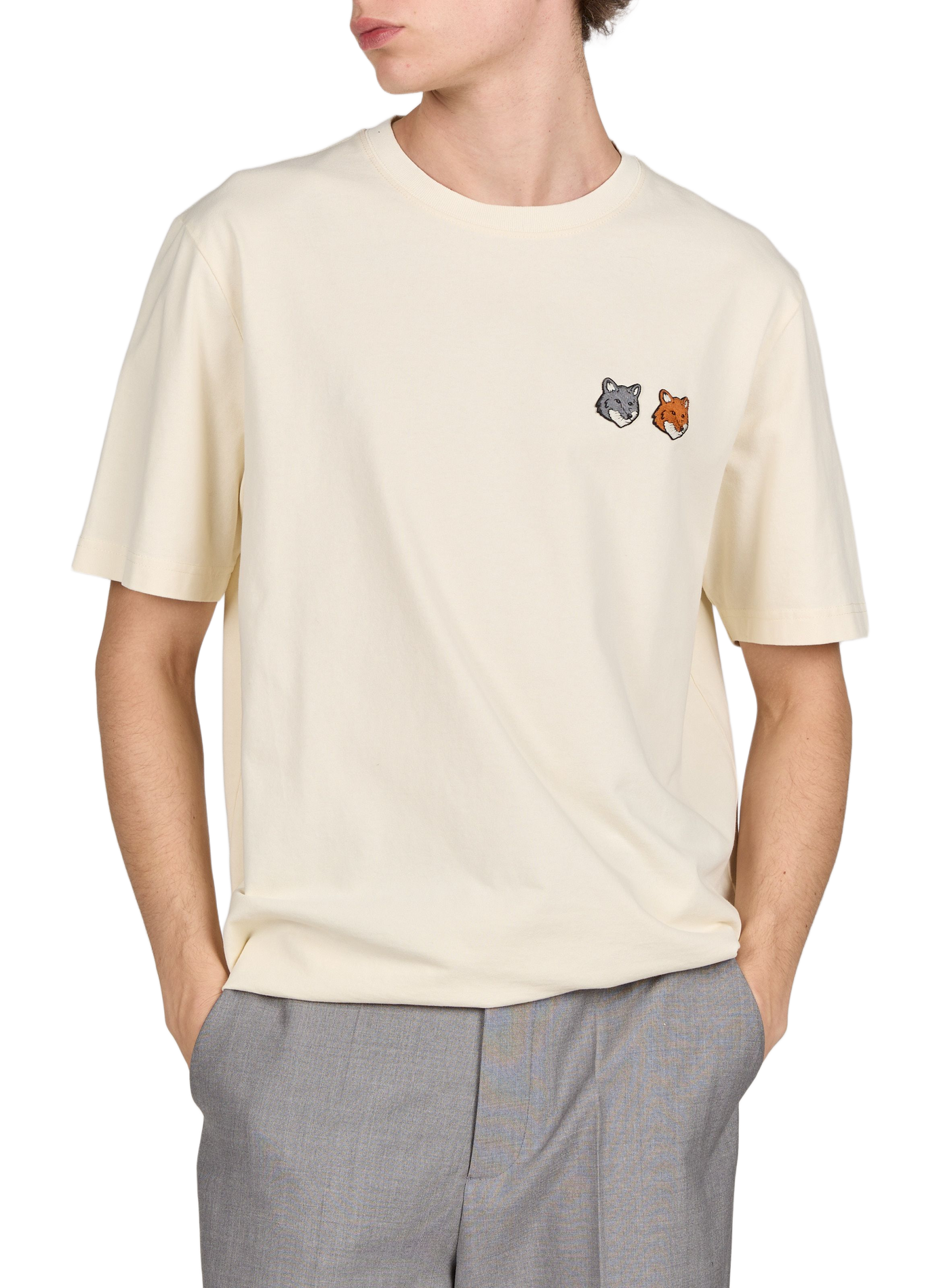 Straight crew-neck T-shirt with embroidery MAISON KITSUNÉ Beige