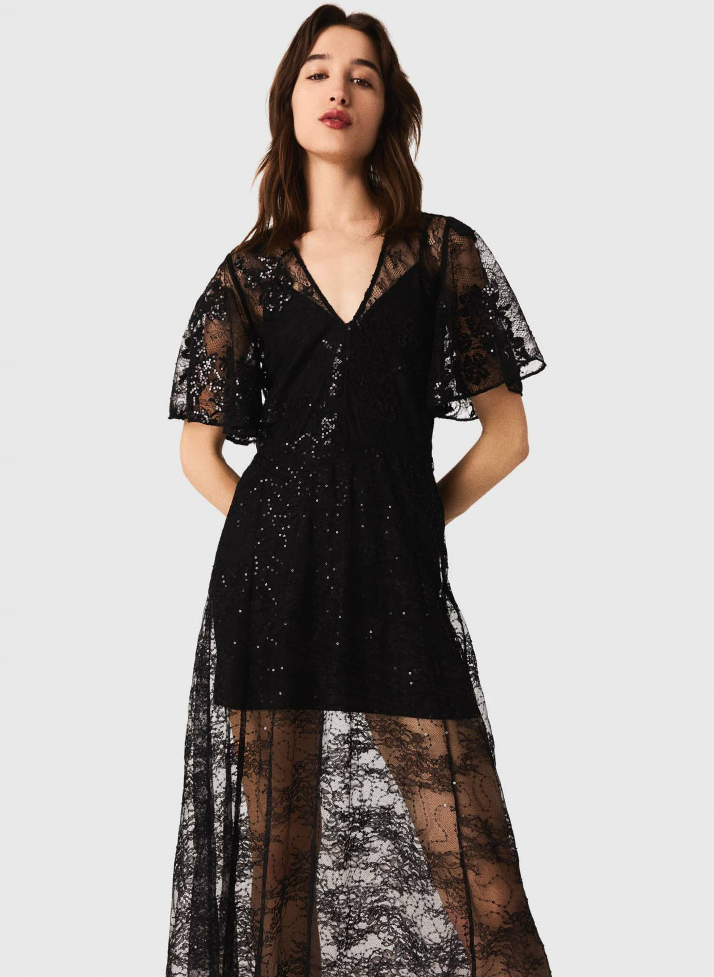 Robe longue col v en dentelle MAJE Noir