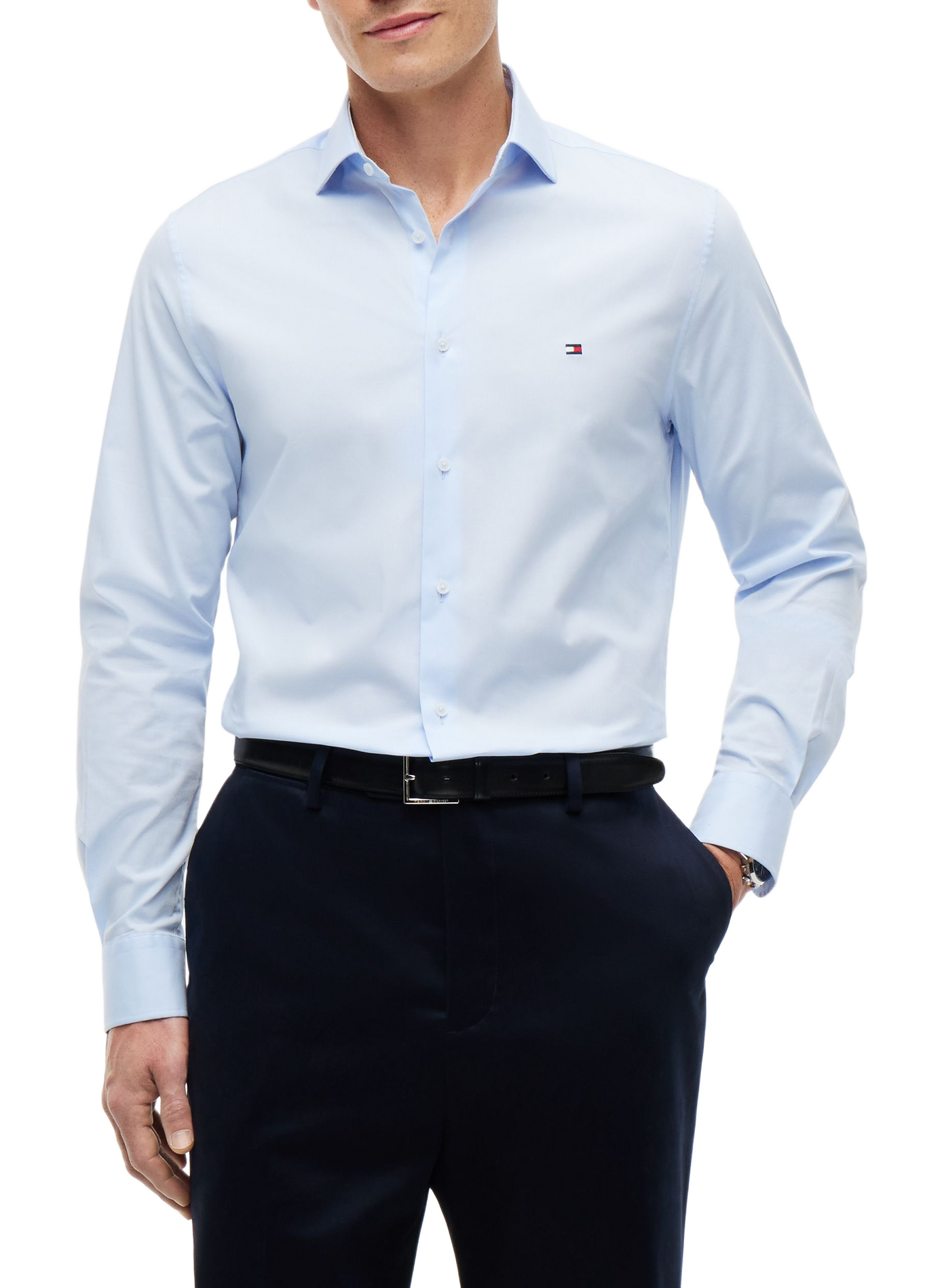 Gerade geschnittenes einfarbiges Baumwollhemd TOMMY HILFIGER Blau