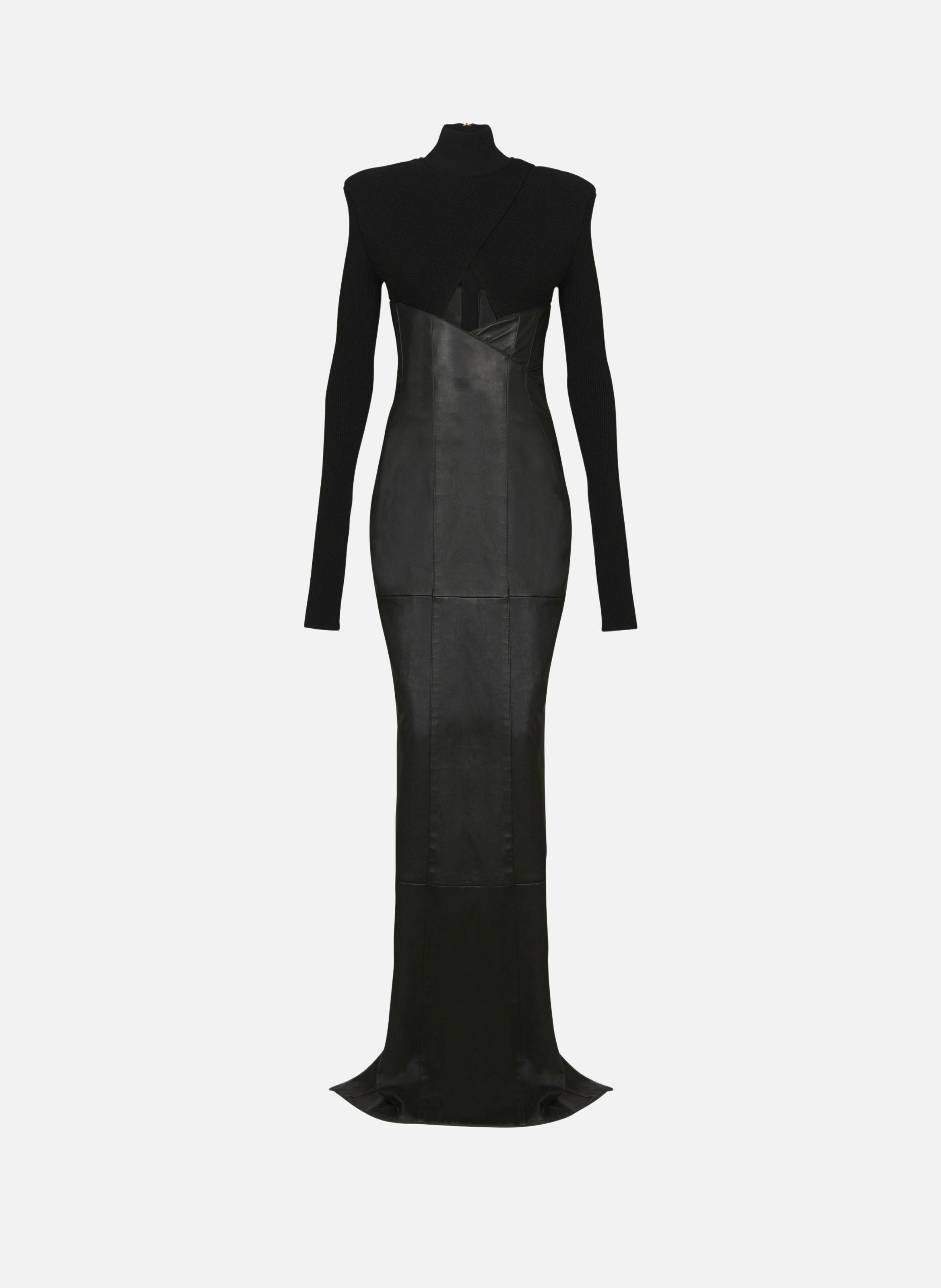 Robe longue bi-matière en maille et cuir d'agneau BALMAIN Noir