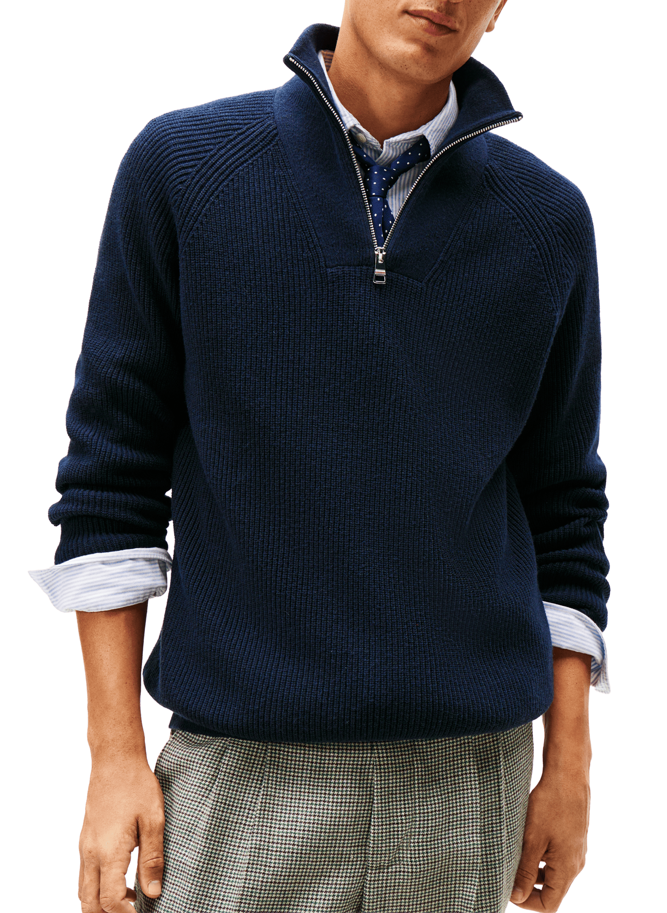 Pull col montant zippé en coton et laine mélangés TOMMY HILFIGER Bleu