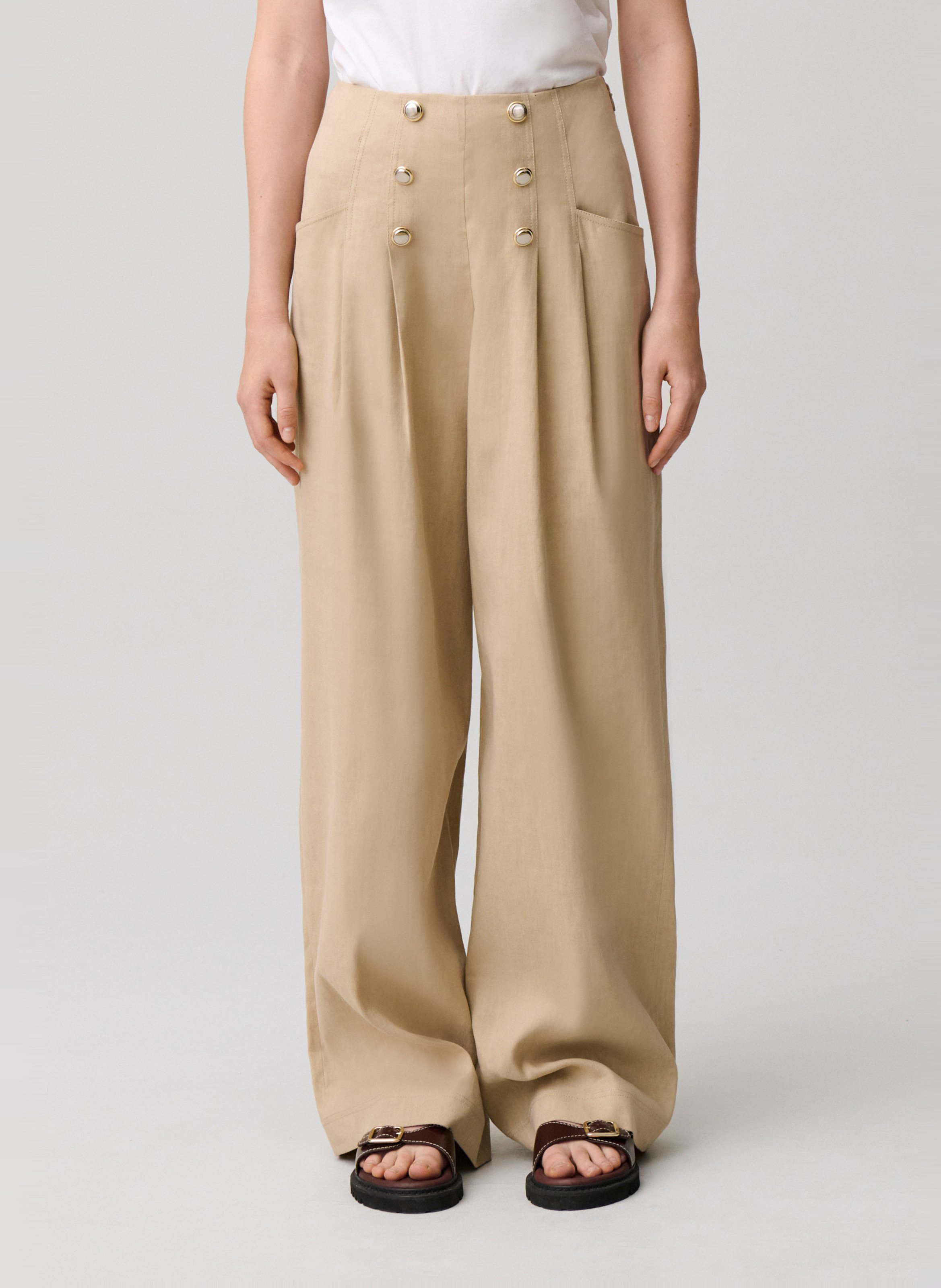 Pantalon large en lin et en coton mélangé CLAUDIE PIERLOT Beige