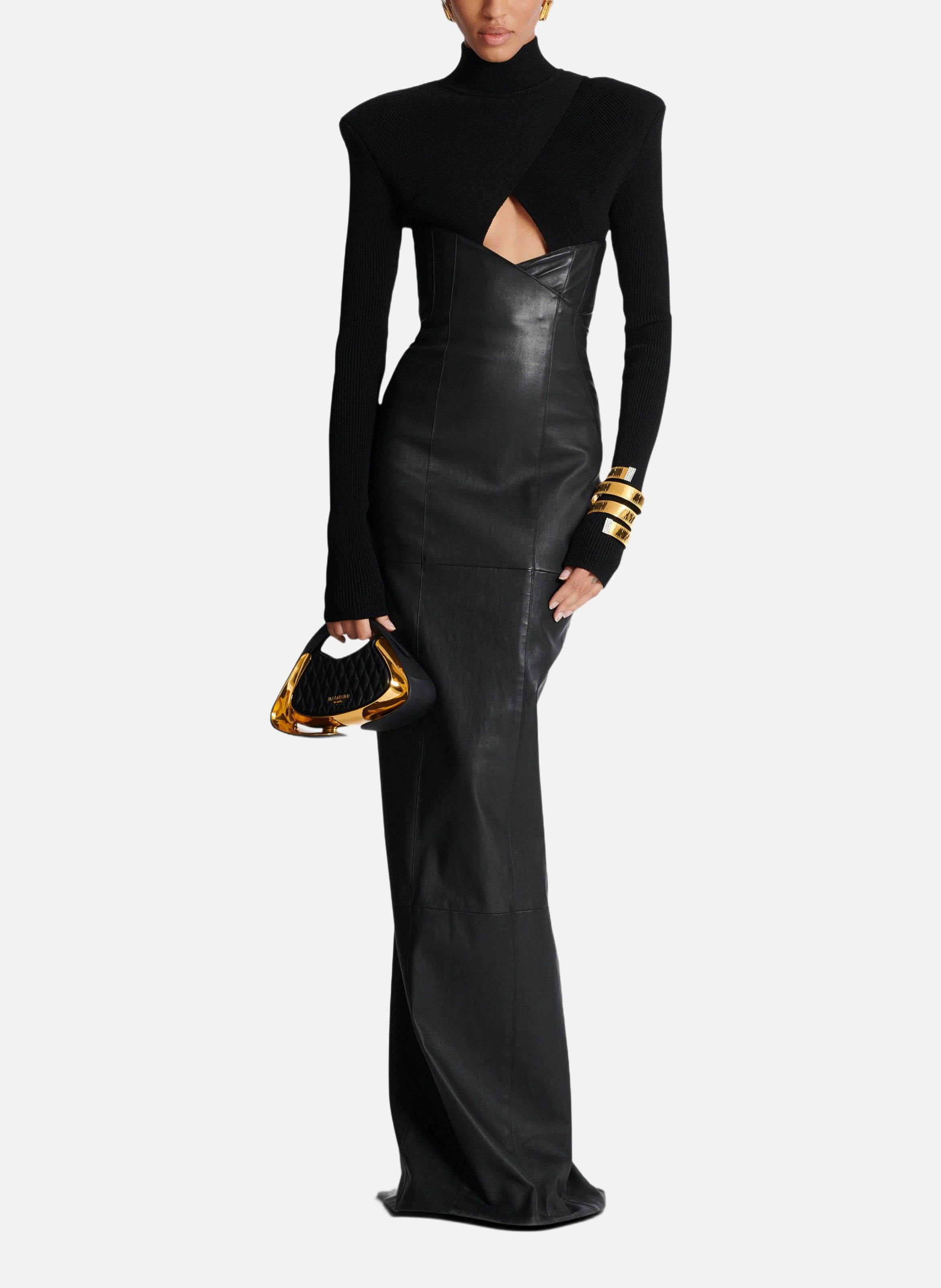 Robe longue bi-matière en maille et cuir d'agneau BALMAIN Noir