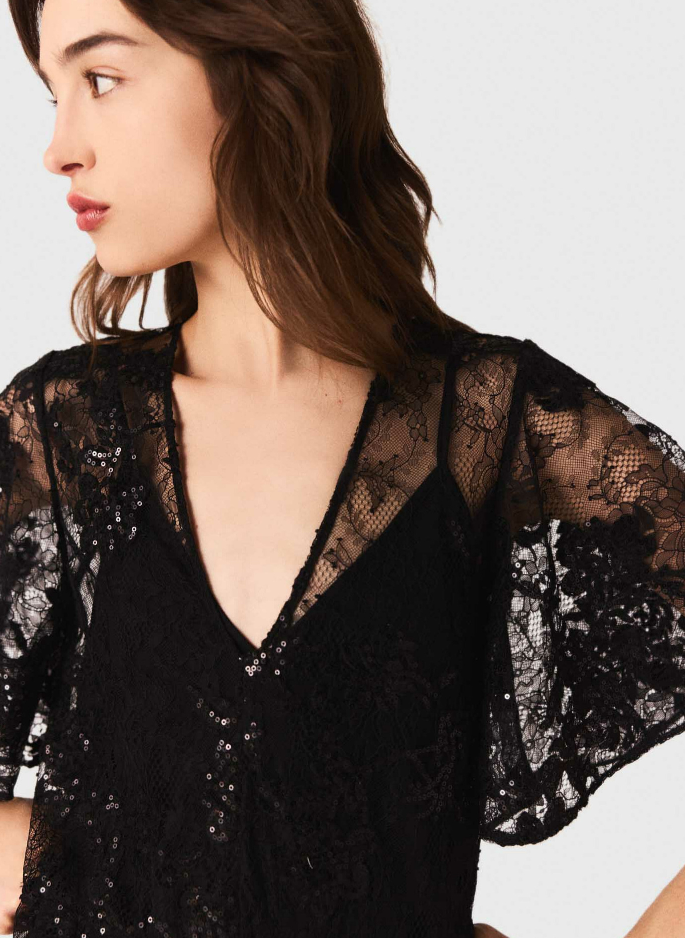 Robe longue col v en dentelle MAJE Noir