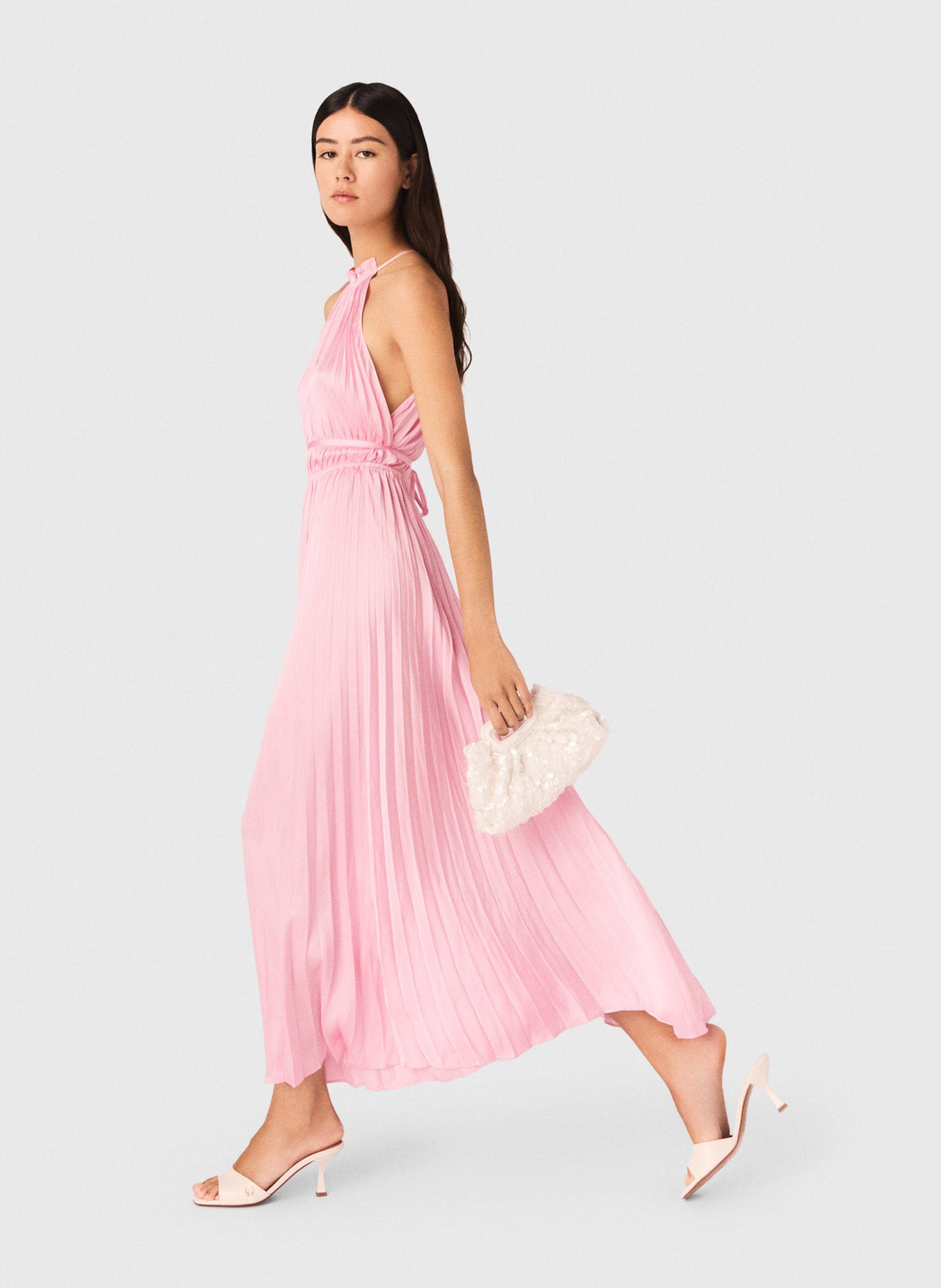 Robe longue évasée plissée MAJE Rose