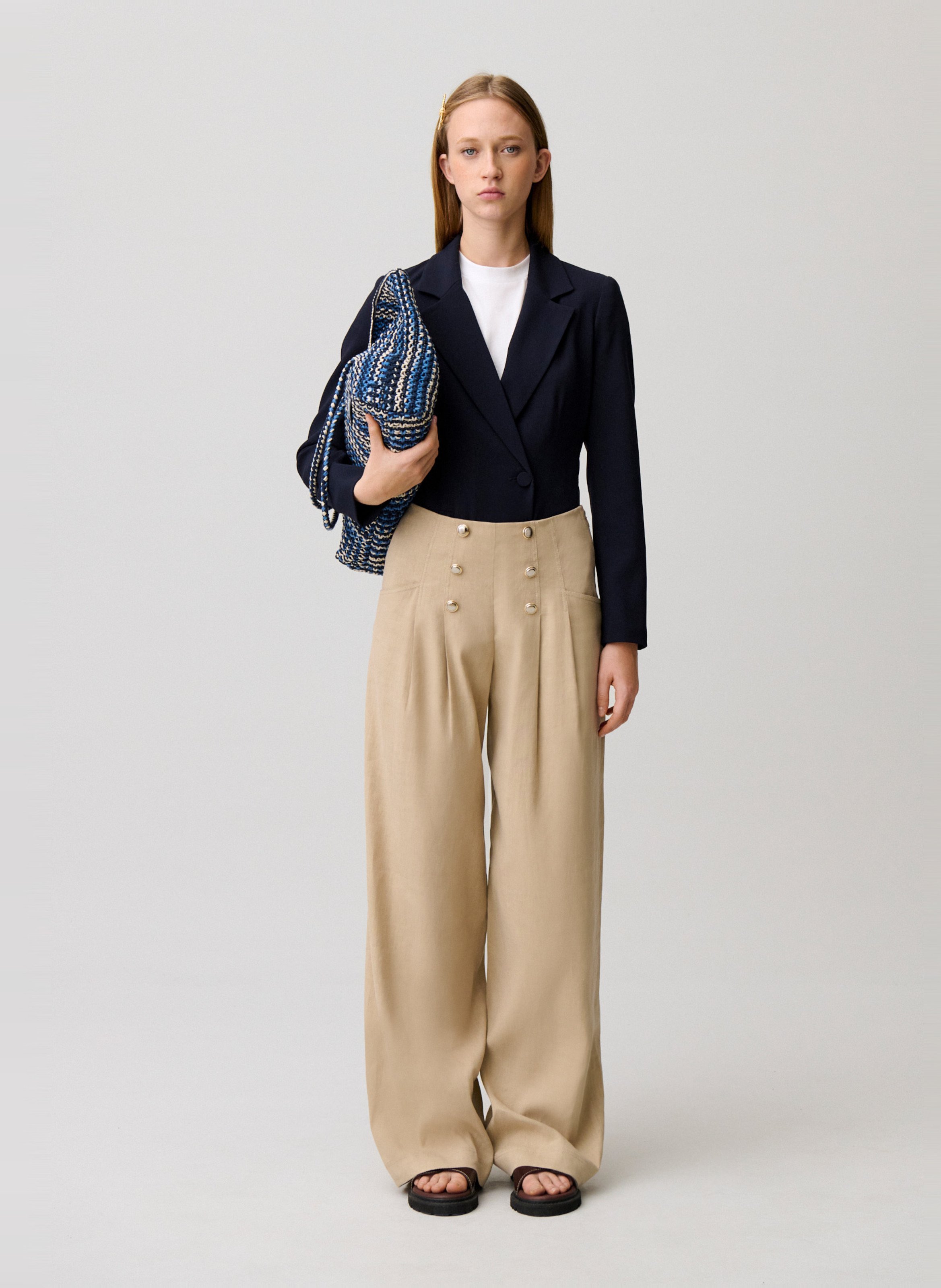 Pantalon large en lin et en coton mélangé CLAUDIE PIERLOT Beige