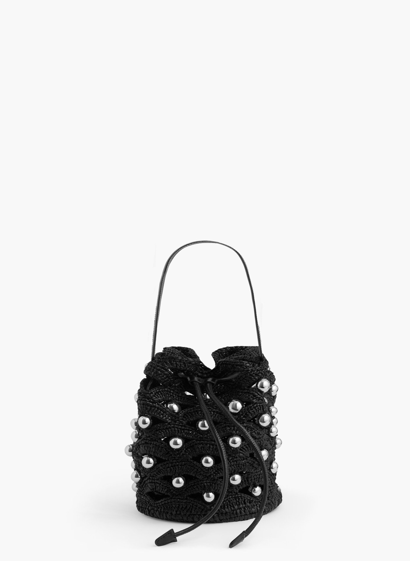 Petit sac seau en raphia avec détails de perles RABANNE Noir