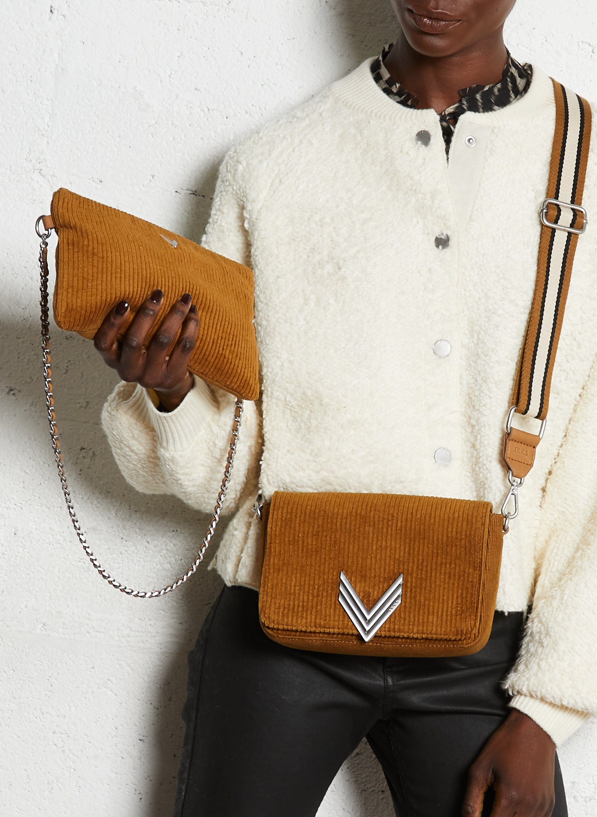 Sac bandoulière velours côtelé en 3 parties 111 velvet IKKS Beige