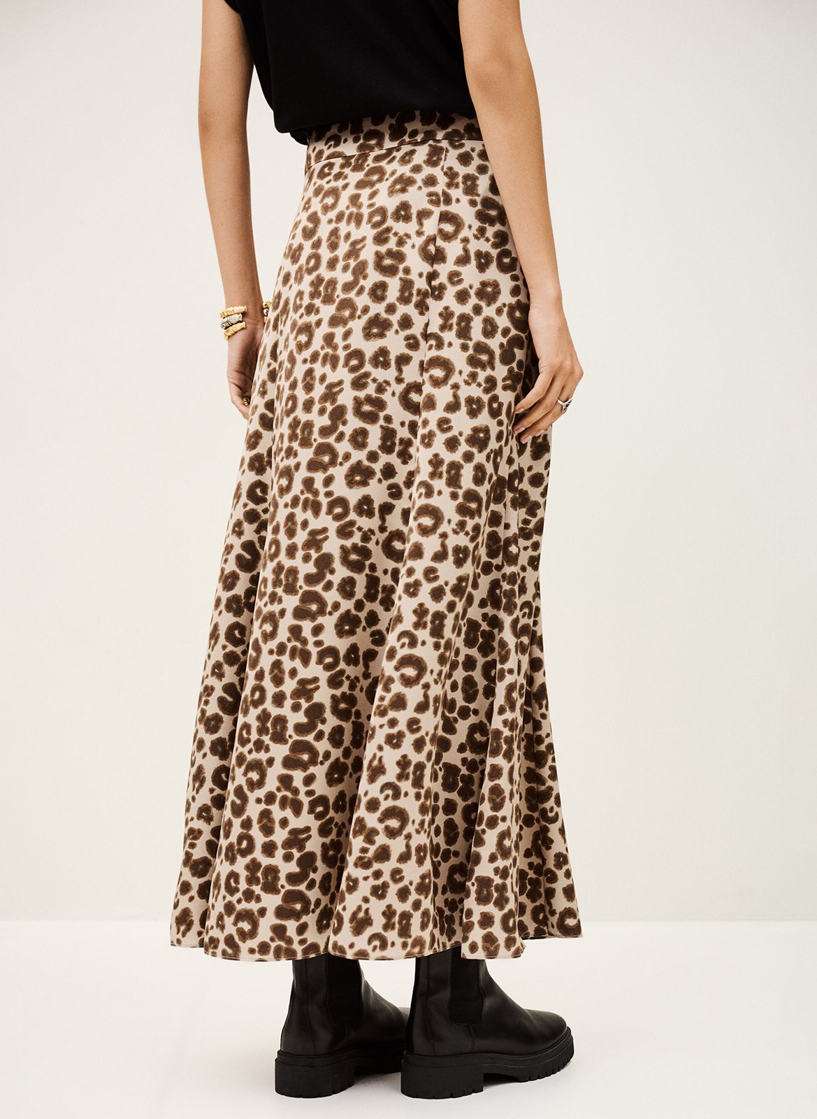 Jupe longue évasée léopard en satin blaire BA&SH Beige