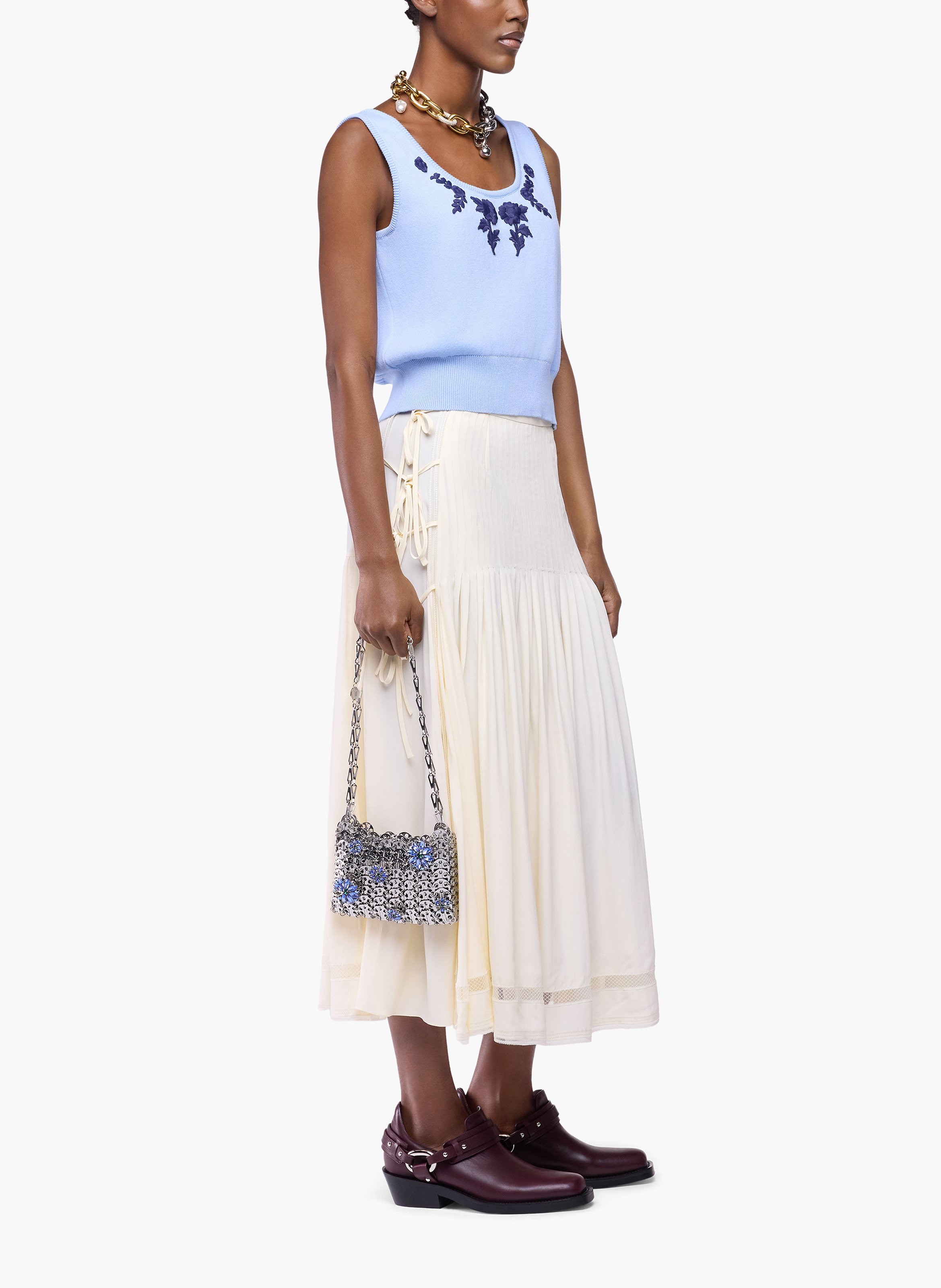 Jupe midi en crêpe de viscose avec détails nœuds sur les côtés RABANNE Blanc