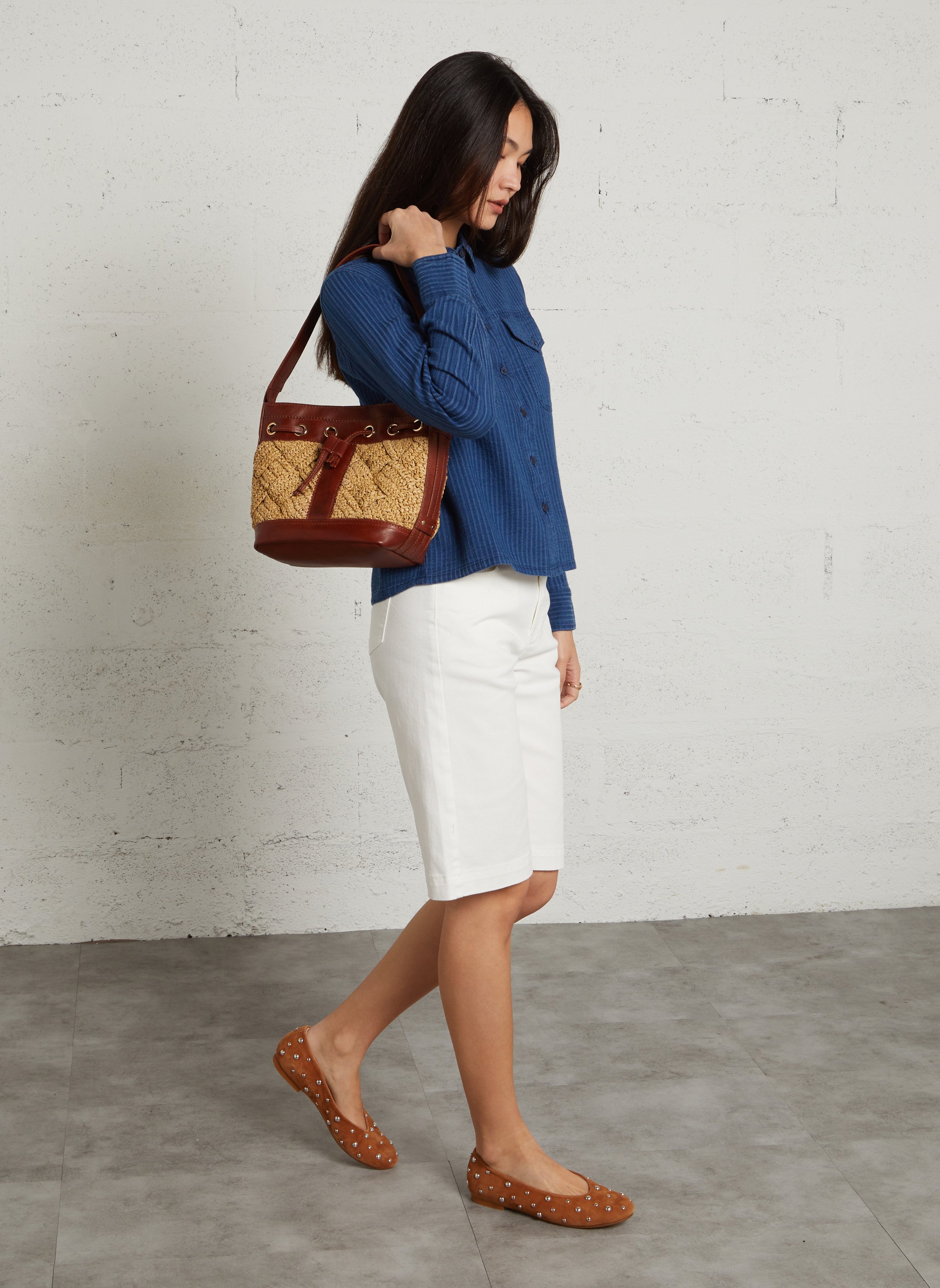 Sac seau en raphia et cuir lucien MAISON 123 Blanc