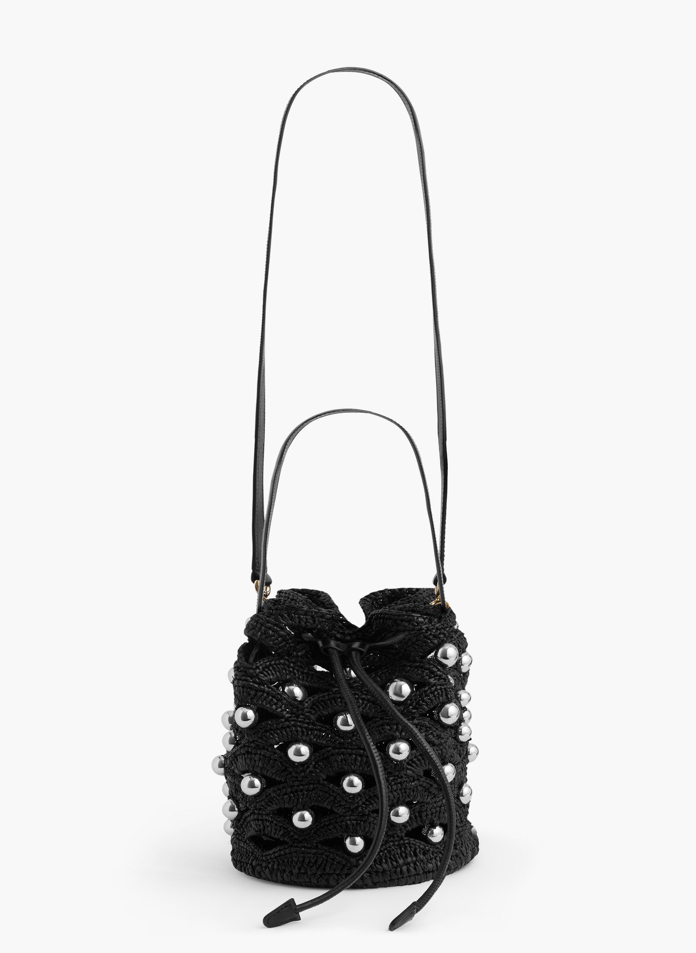 Petit sac seau en raphia avec détails de perles RABANNE Noir