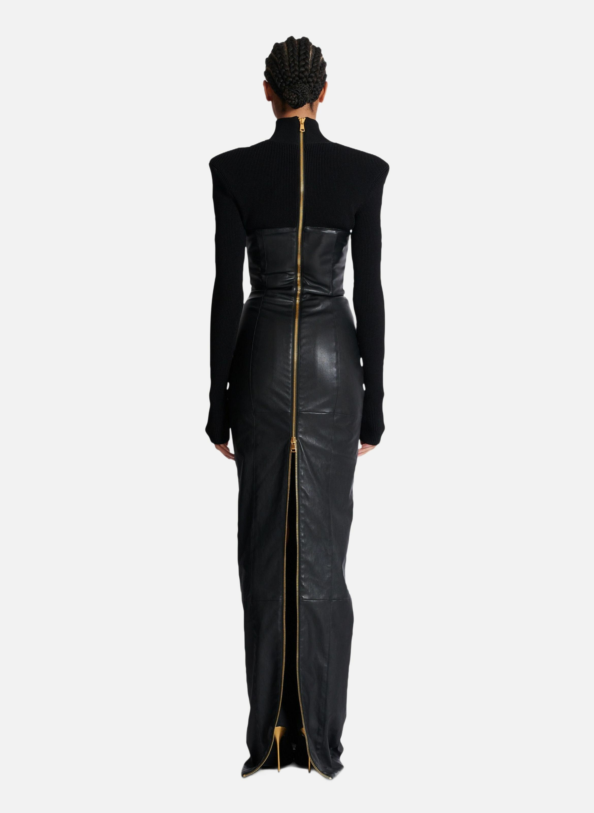 Robe longue bi-matière en maille et cuir d'agneau BALMAIN Noir
