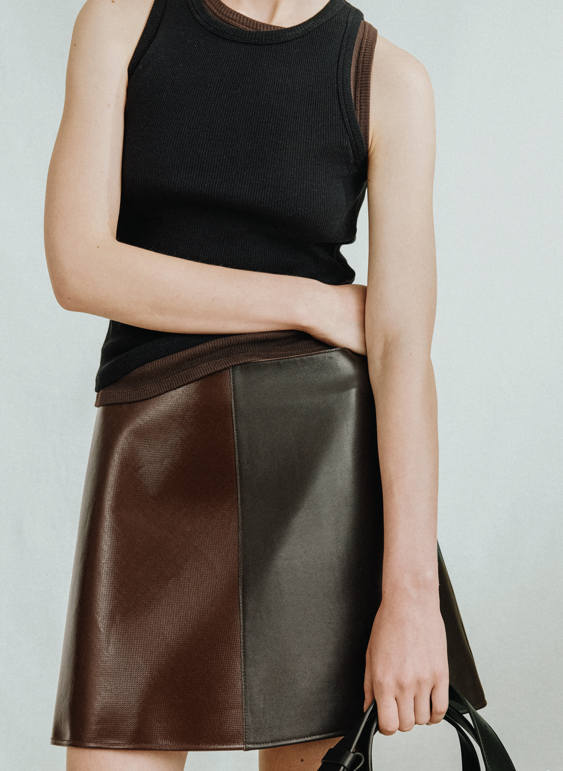 SAISON 1865 A-line bi-material leather skirt. Brown